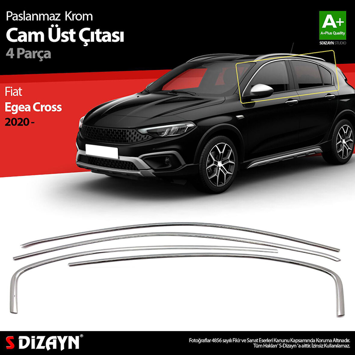 S-Dizayn Fiat Egea Cross Krom Cam Üst Çıtası 4 Prç. 2020 Üzeri (Mat Krom) A+ Kalite