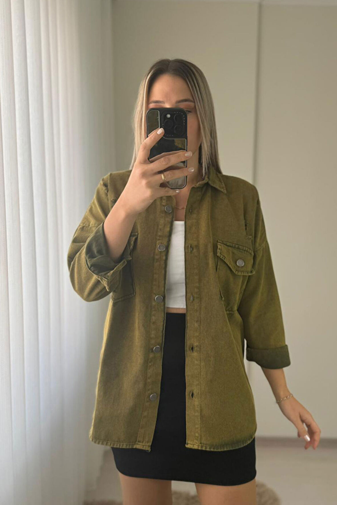 Oversize Yırtık Detay Haki Gabardin Gömlek Ceket