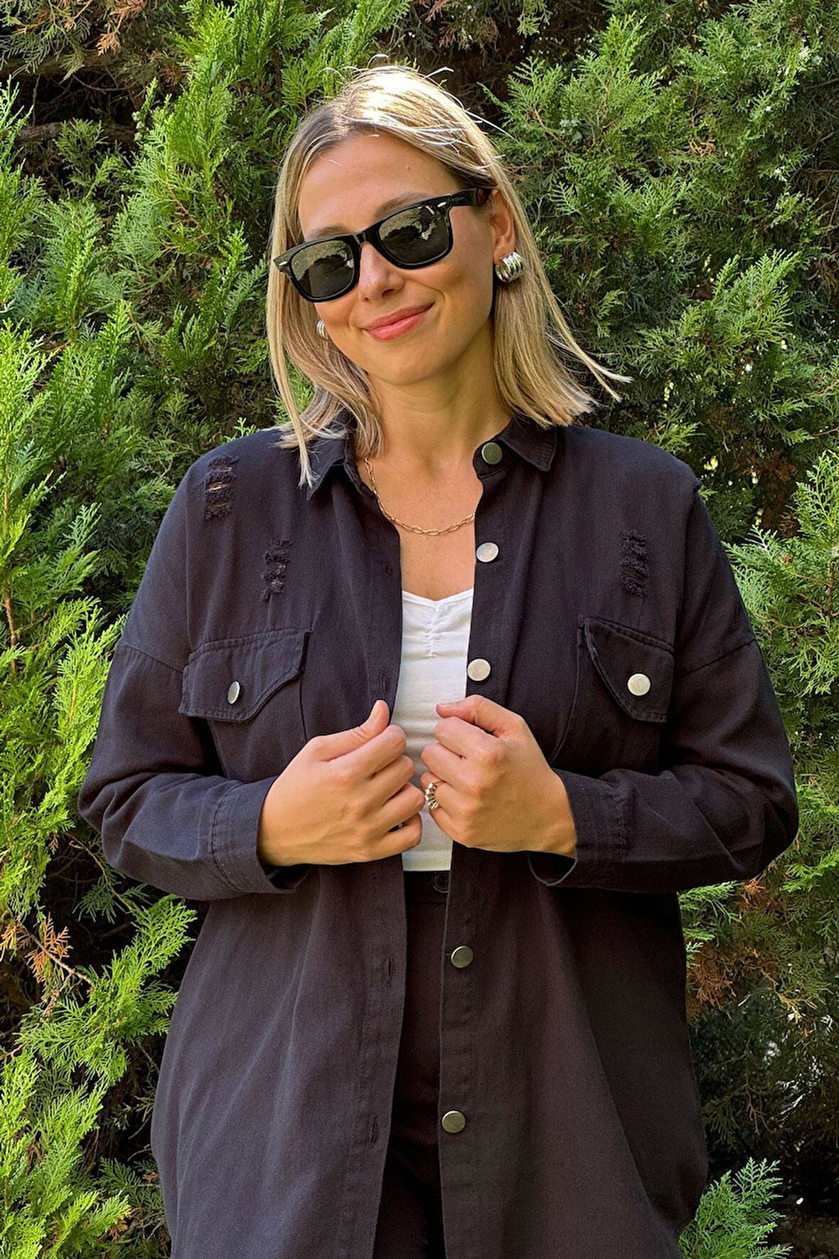 Oversize Yırtık Detay Gabardin Gömlek Ceket