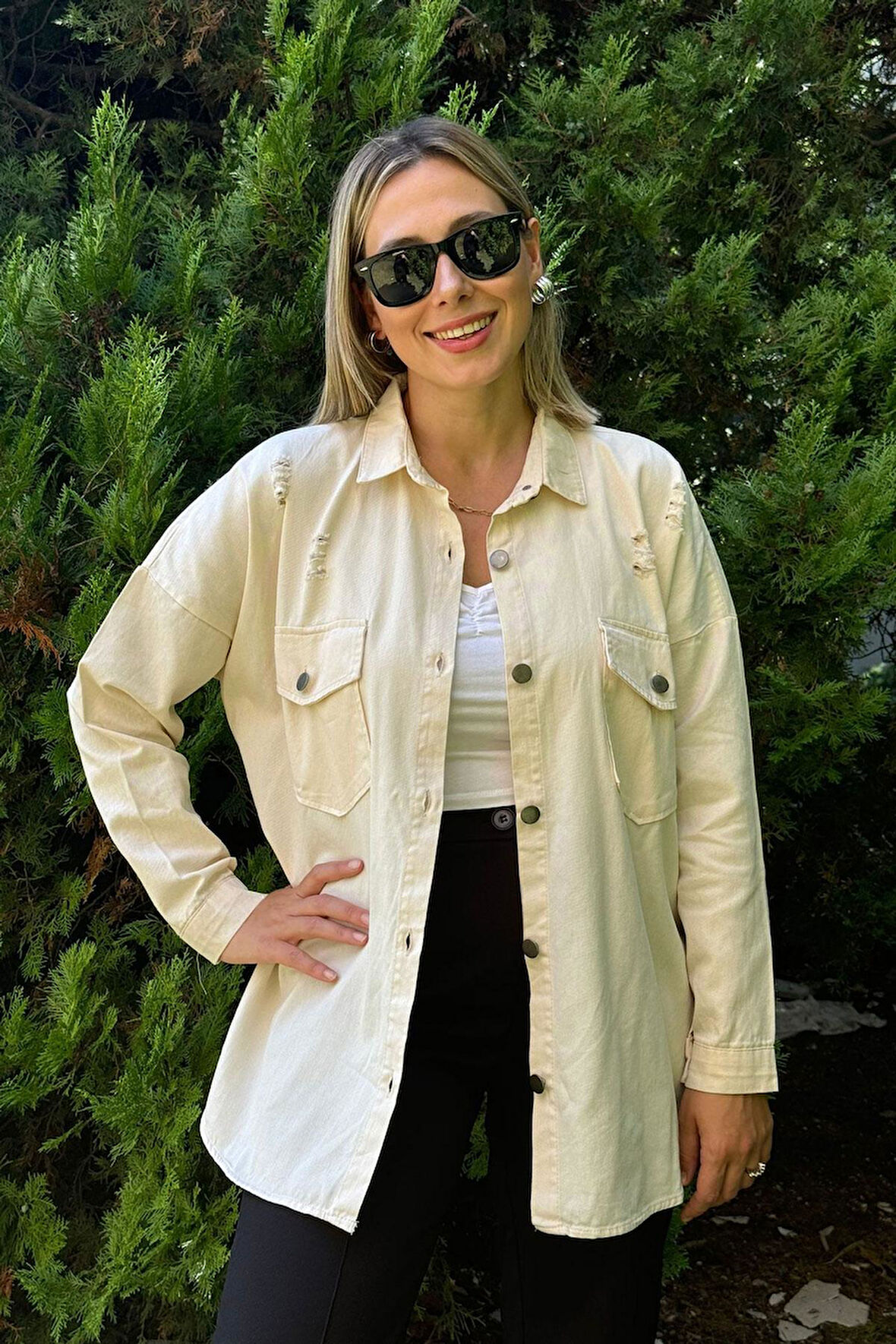 Oversize Yırtık Detay Taş Gabardin Gömlek Ceket