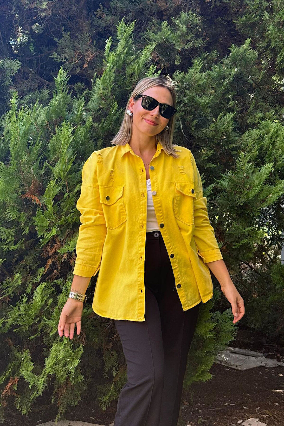 Oversize Yırtık Detay Sarı Gabardin Gömlek Ceket
