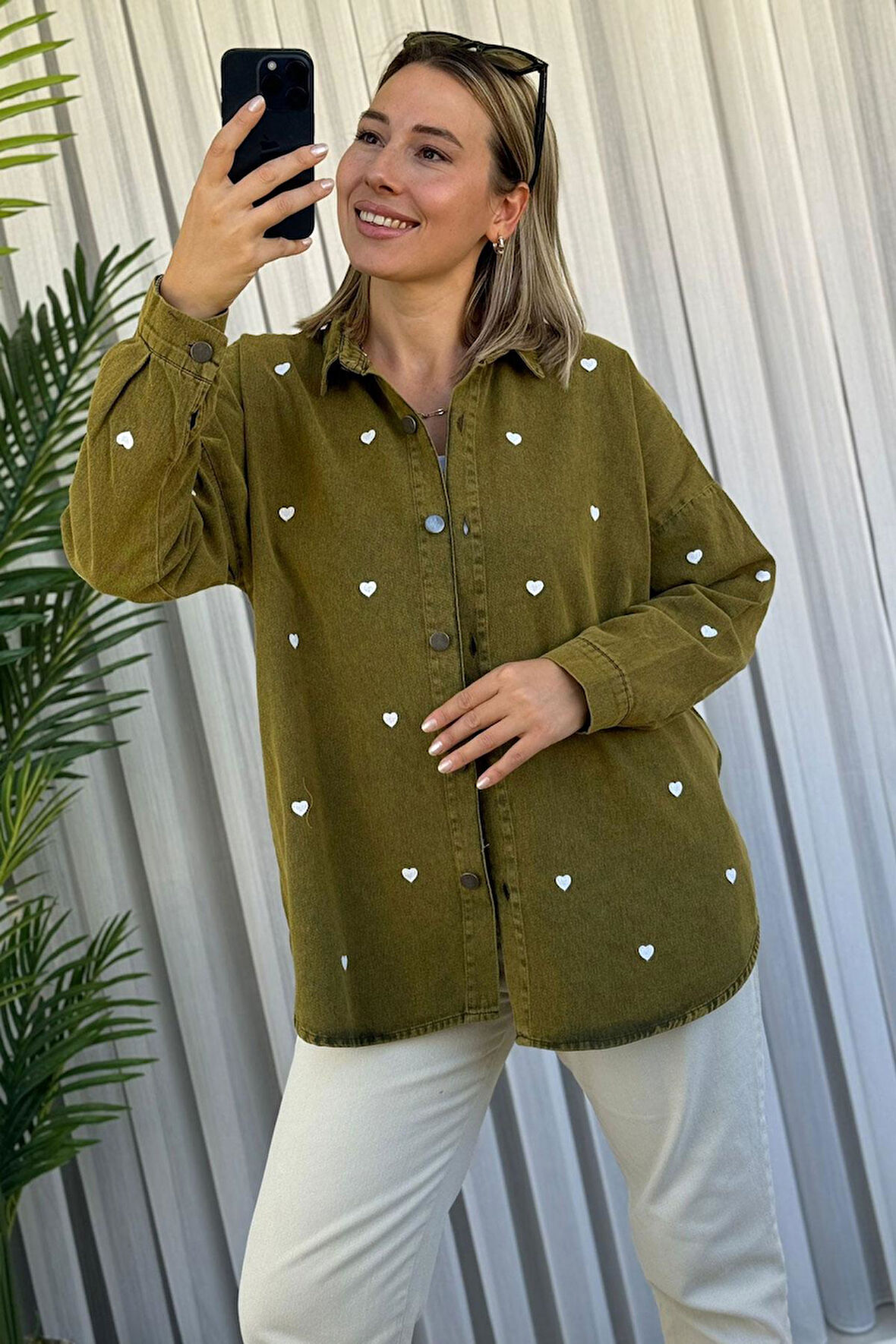 Oversize Beyaz Kalpli Haki Kot Gabardin Gömlek Ceket