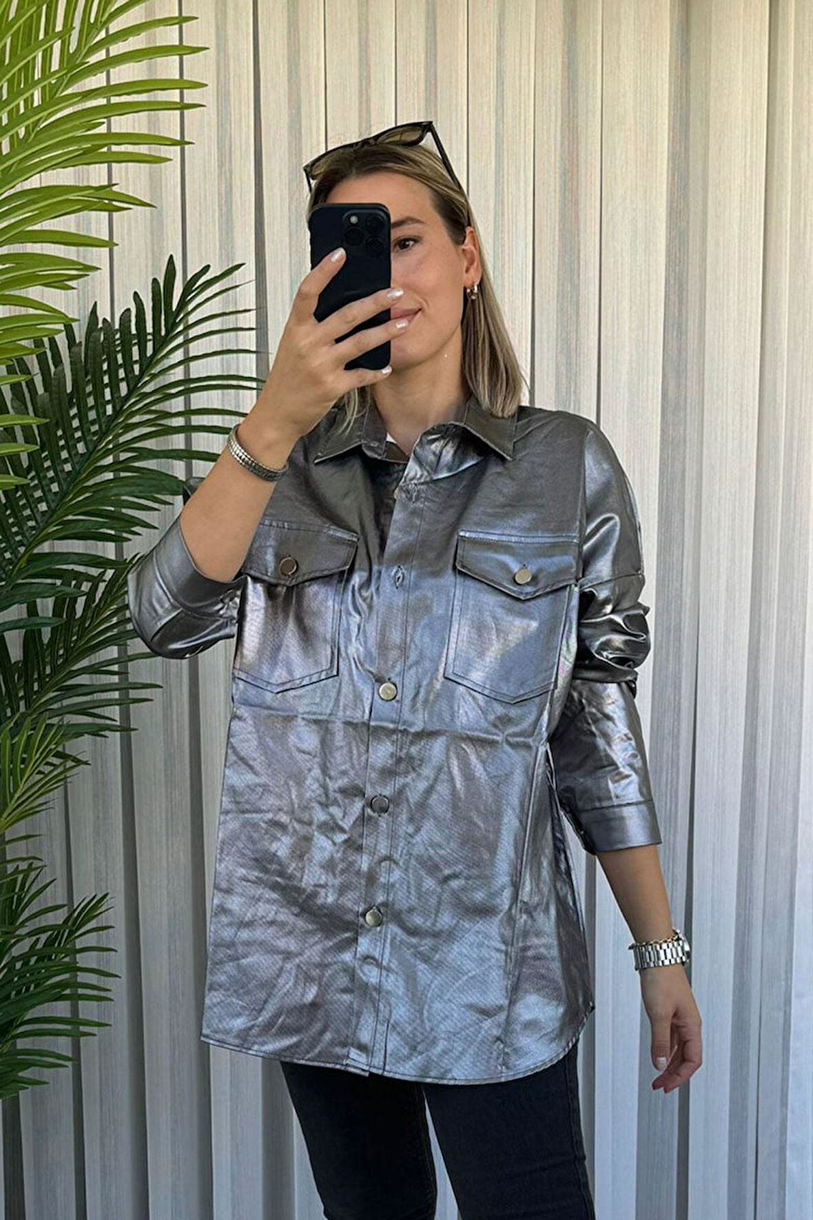 Oversize Varaklı Gri Gabardin Gömlek