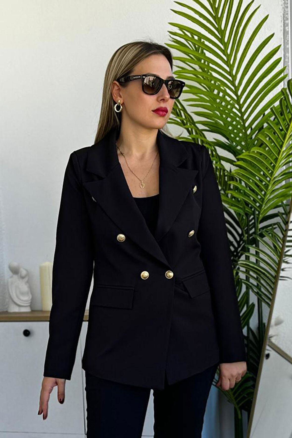 Kruvaze Siyah Blazer Düğmeli Cepli Ceket