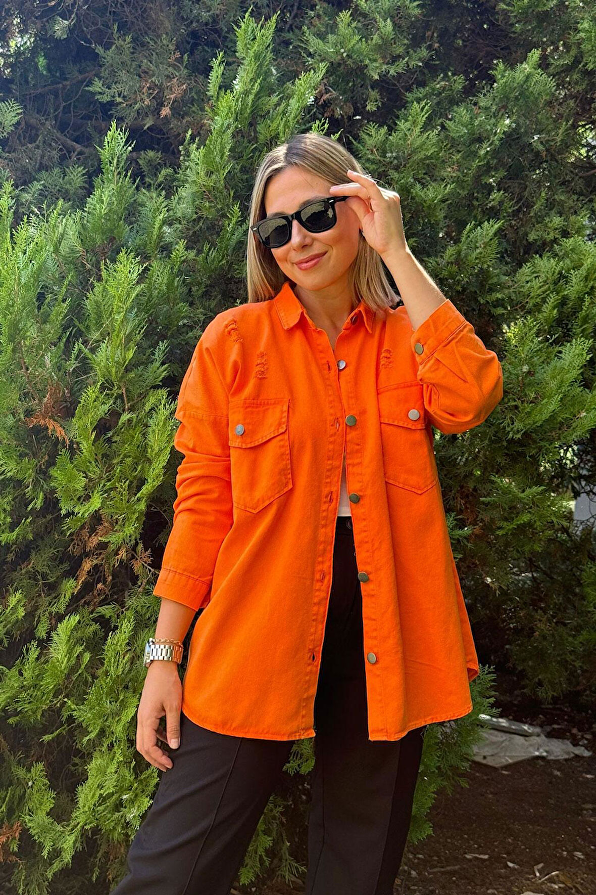 Oversize Yırtık Detay Turuncu Gabardin Gömlek Ceket