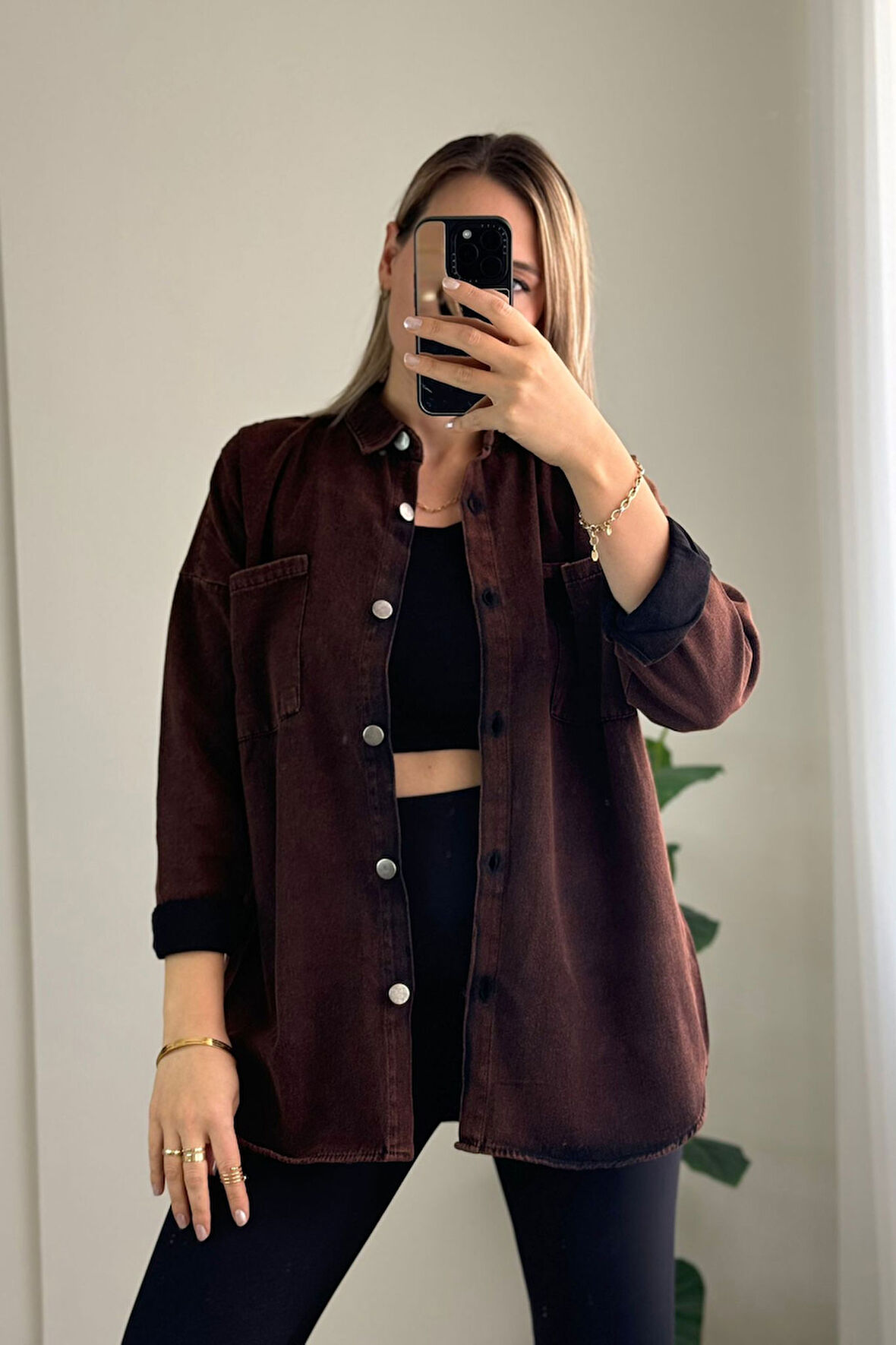 Oversize Uzun Kol Bakır Gabardin Gömlek Ceket