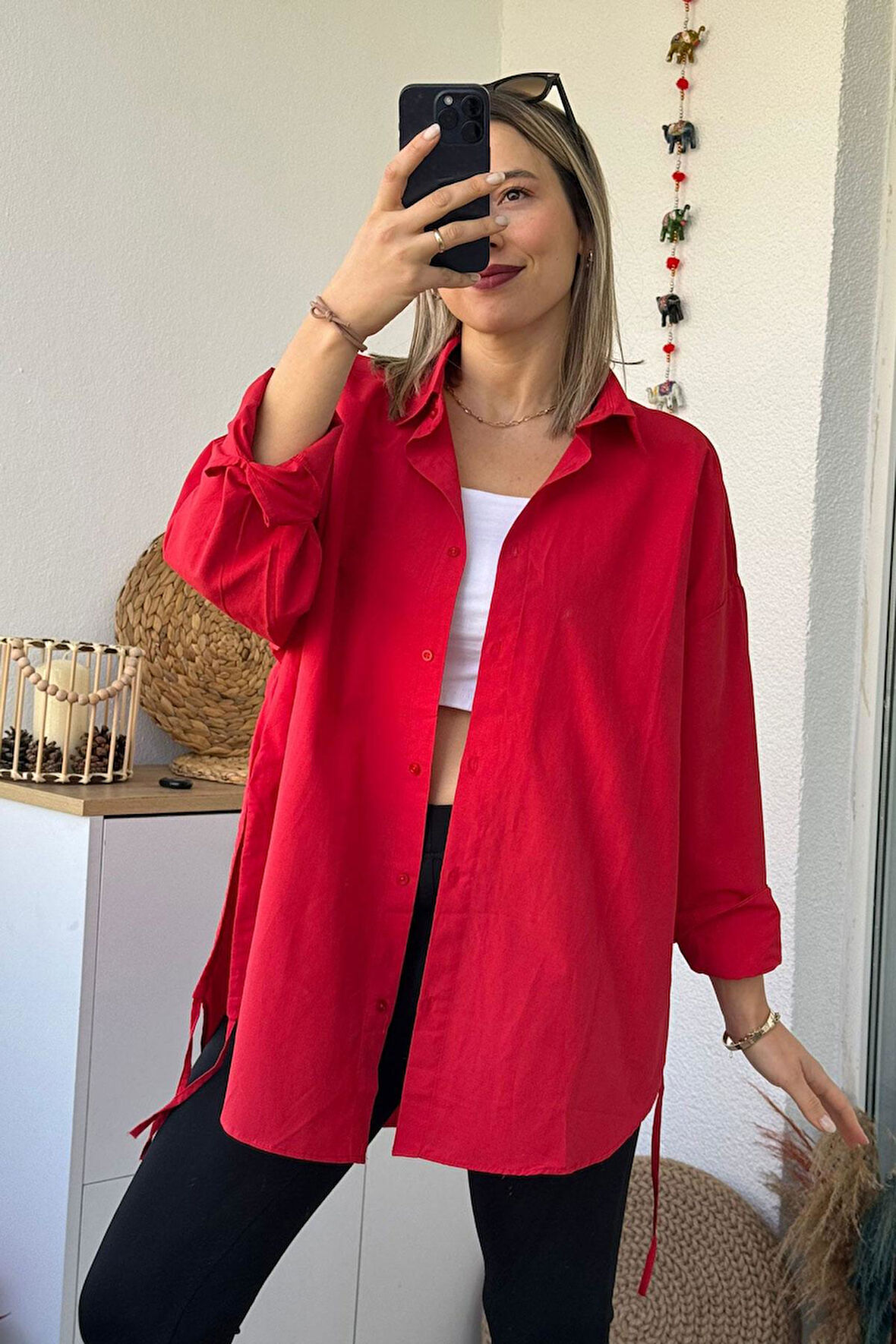 Yan Bağlamalı Oversize Kırmızı Gömlek