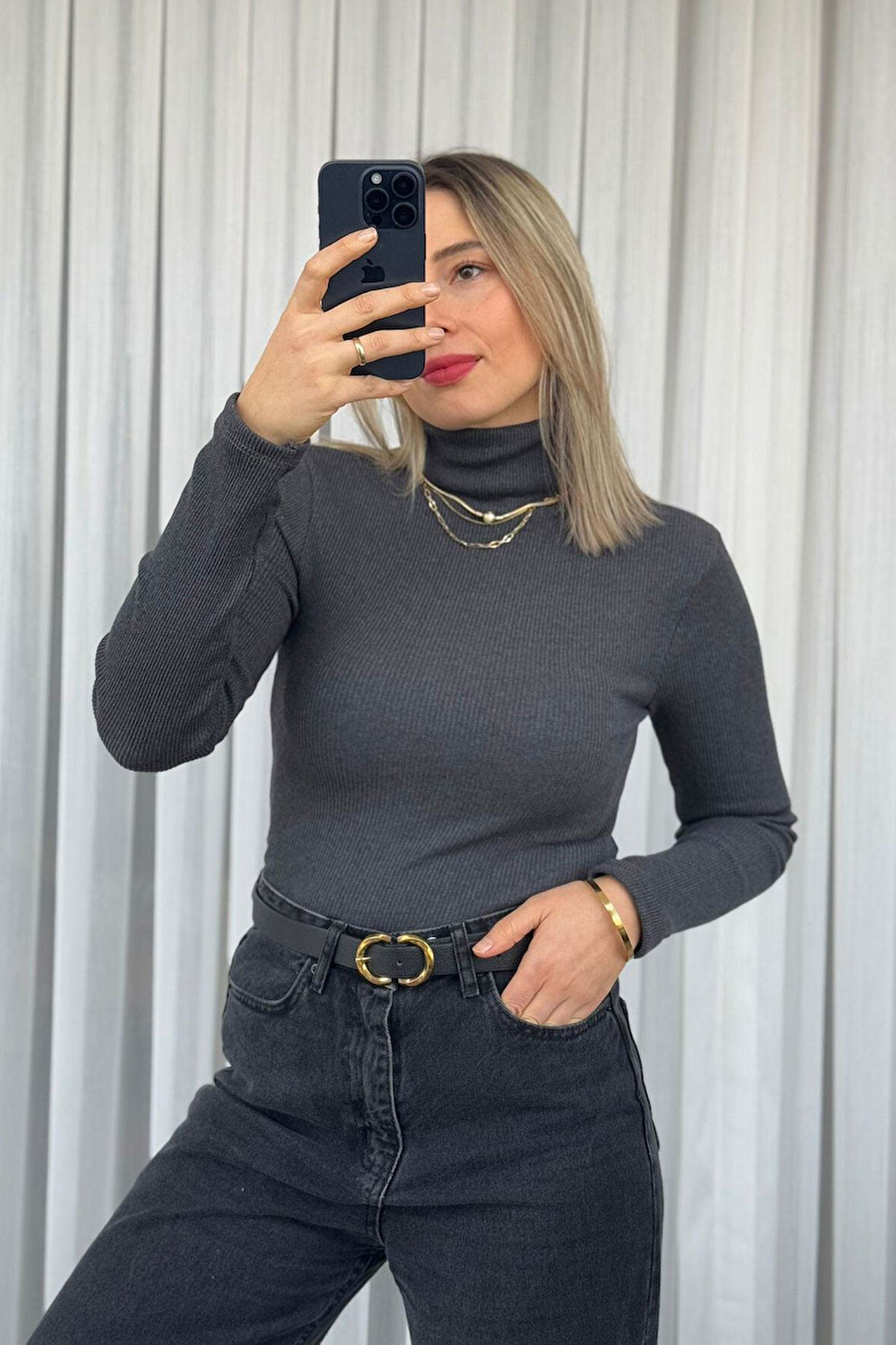 Boğazlı İnce Gri Triko Body Kazak