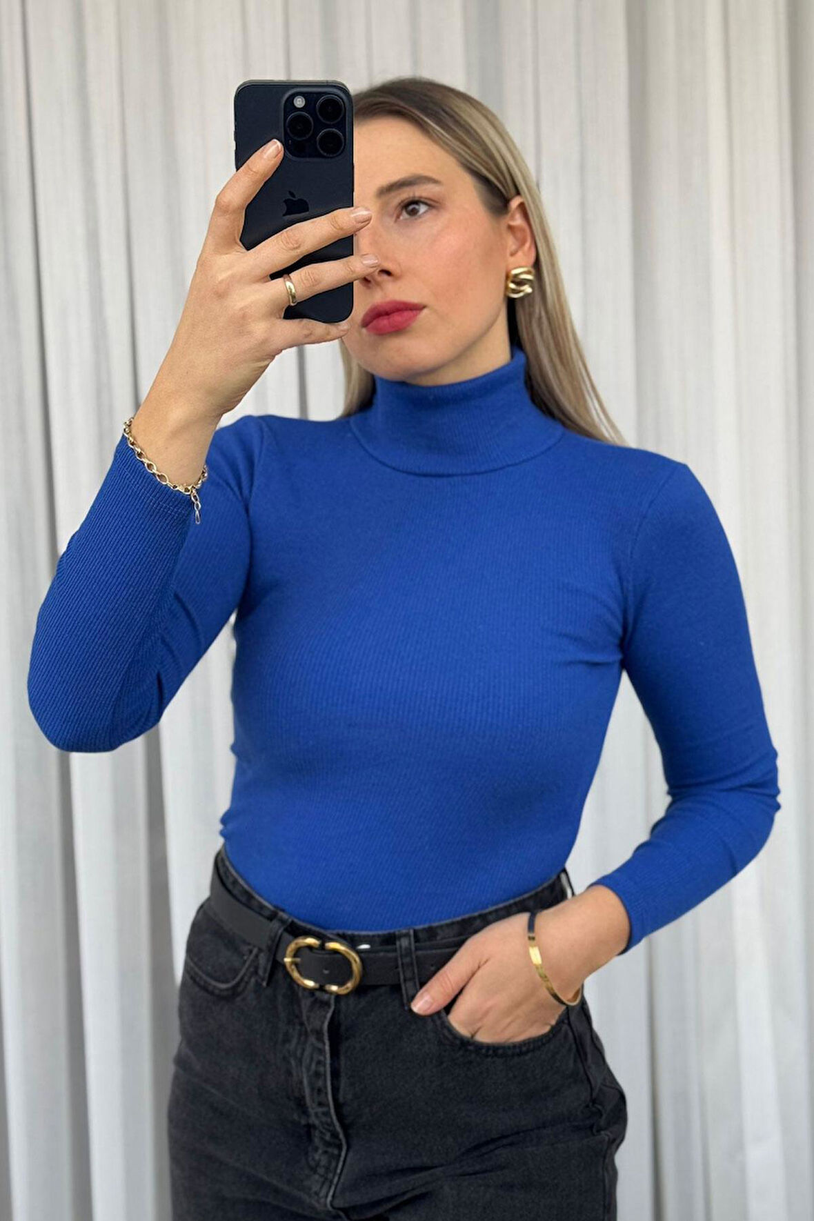 Boğazlı İnce Saks Triko Body Kazak