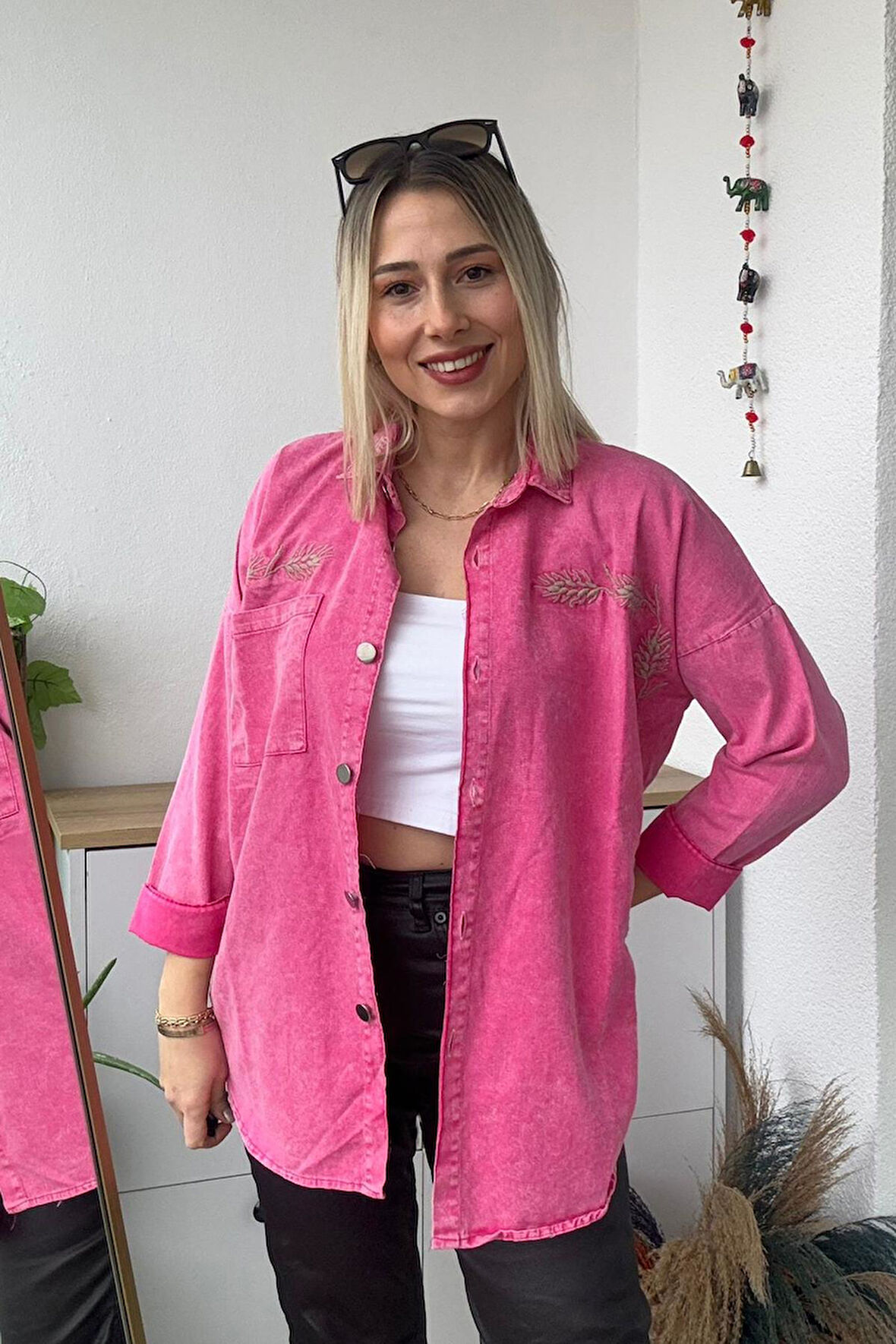 Oversize Başak Nakış Desen Fuşya Gabardin Gömlek