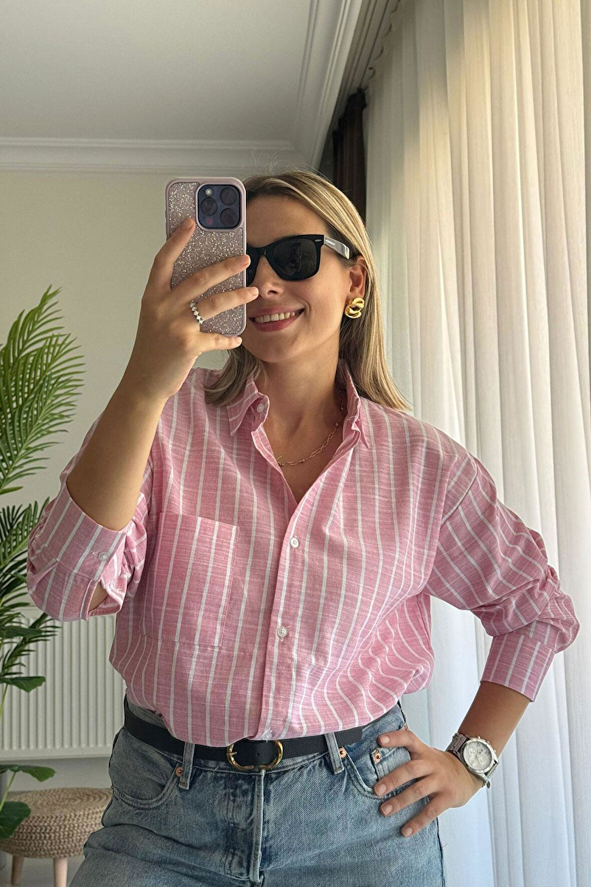 Çizgili Uzun Kol Keten Kumaş Pembe Gömlek