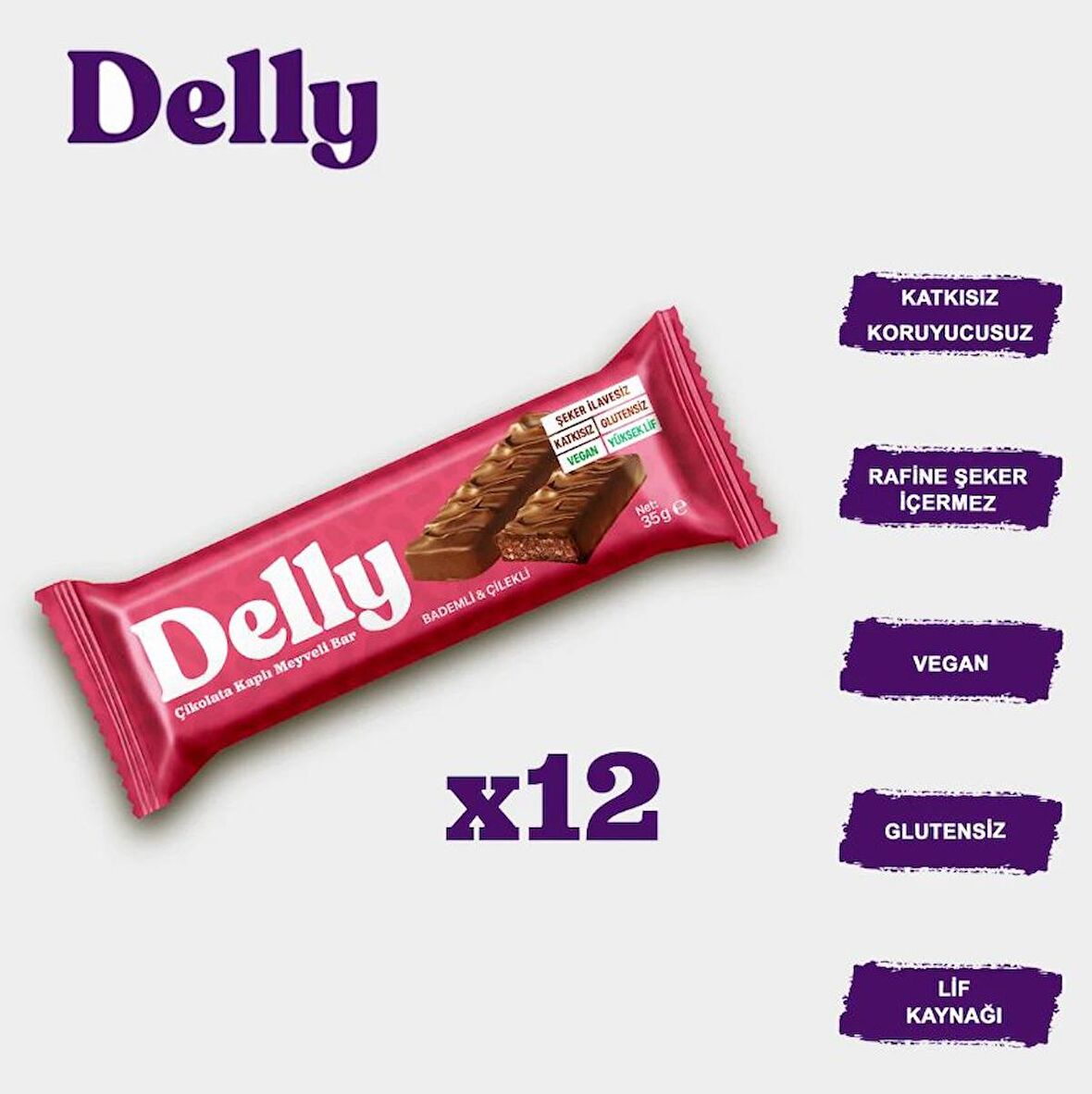 DELLY Çikolata Kaplı - Bademli & Çilekli Meyveli Bar 35g X 12 Adet