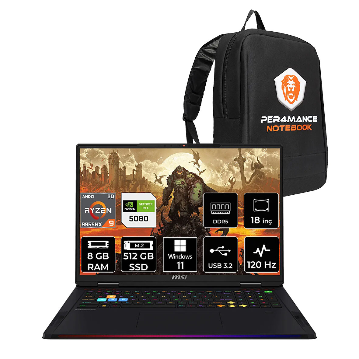 MSI Raider A18 HX R9 9955HX3D 8GB 512GB SSD RTX5080/16GB 175W 18'' UHD+ W11H Gaming Laptop