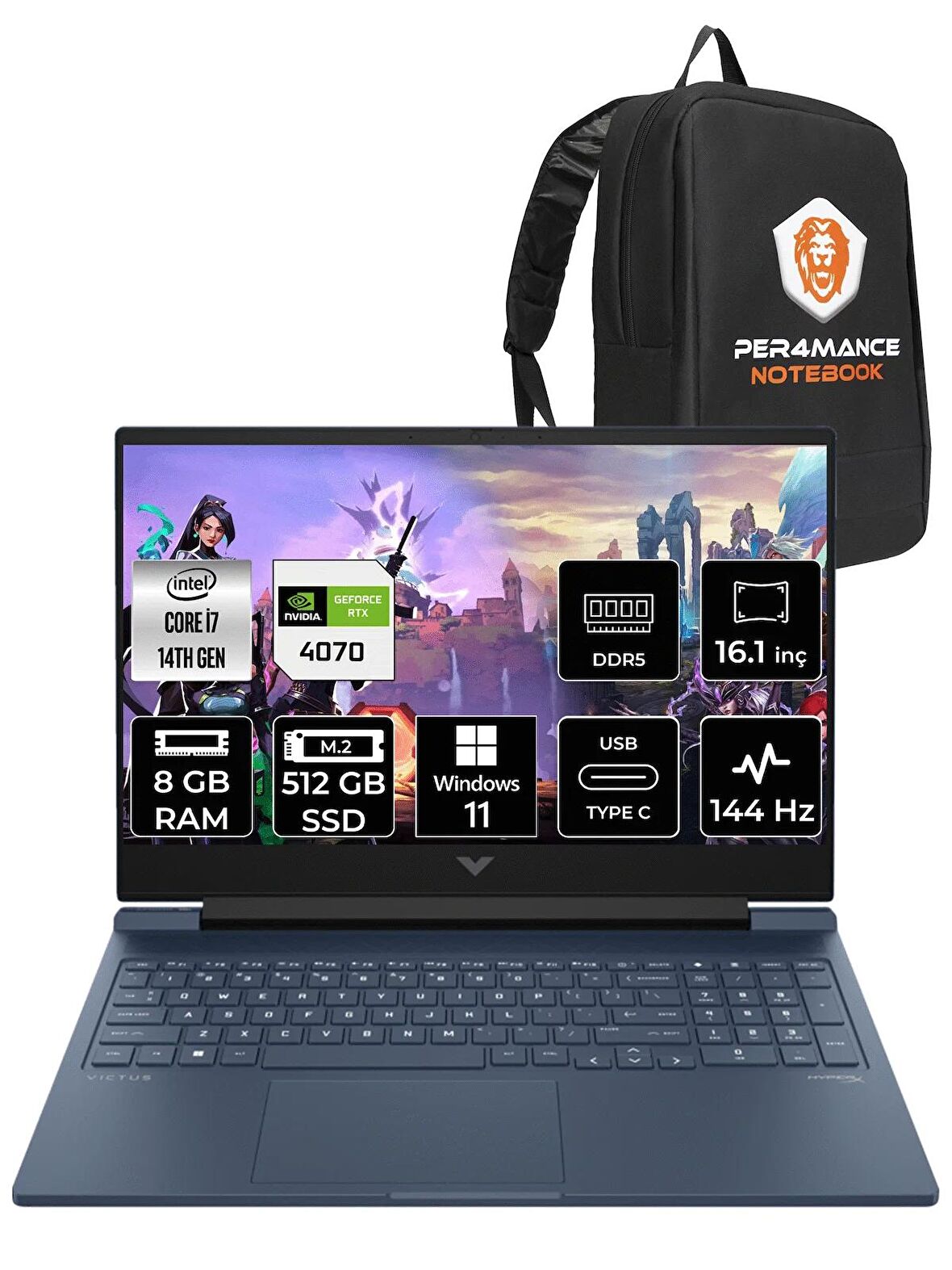 HP VİCTUS 16  i7-14700HX 8GB RAM 512GB SSD RTX4070/8GB 144Hz 16.1 FHD W11HOME 9J221EA & PER4 ÇANTA