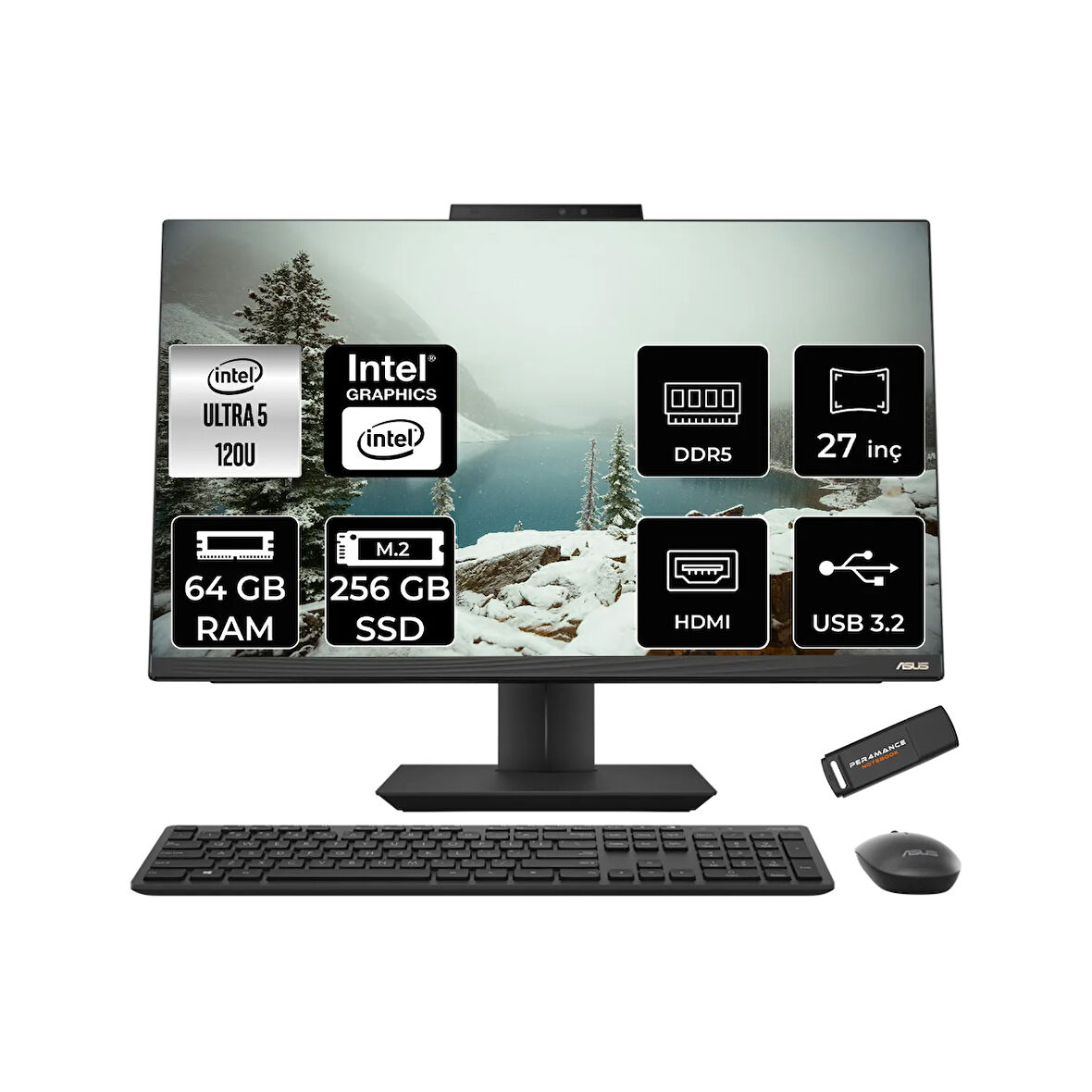 ASUS A5702WVARK Ultra 5 120U 64GB DDR5 256GB SSD Intel Graphics 27" FHD FDOS Siyah All in One & PER4