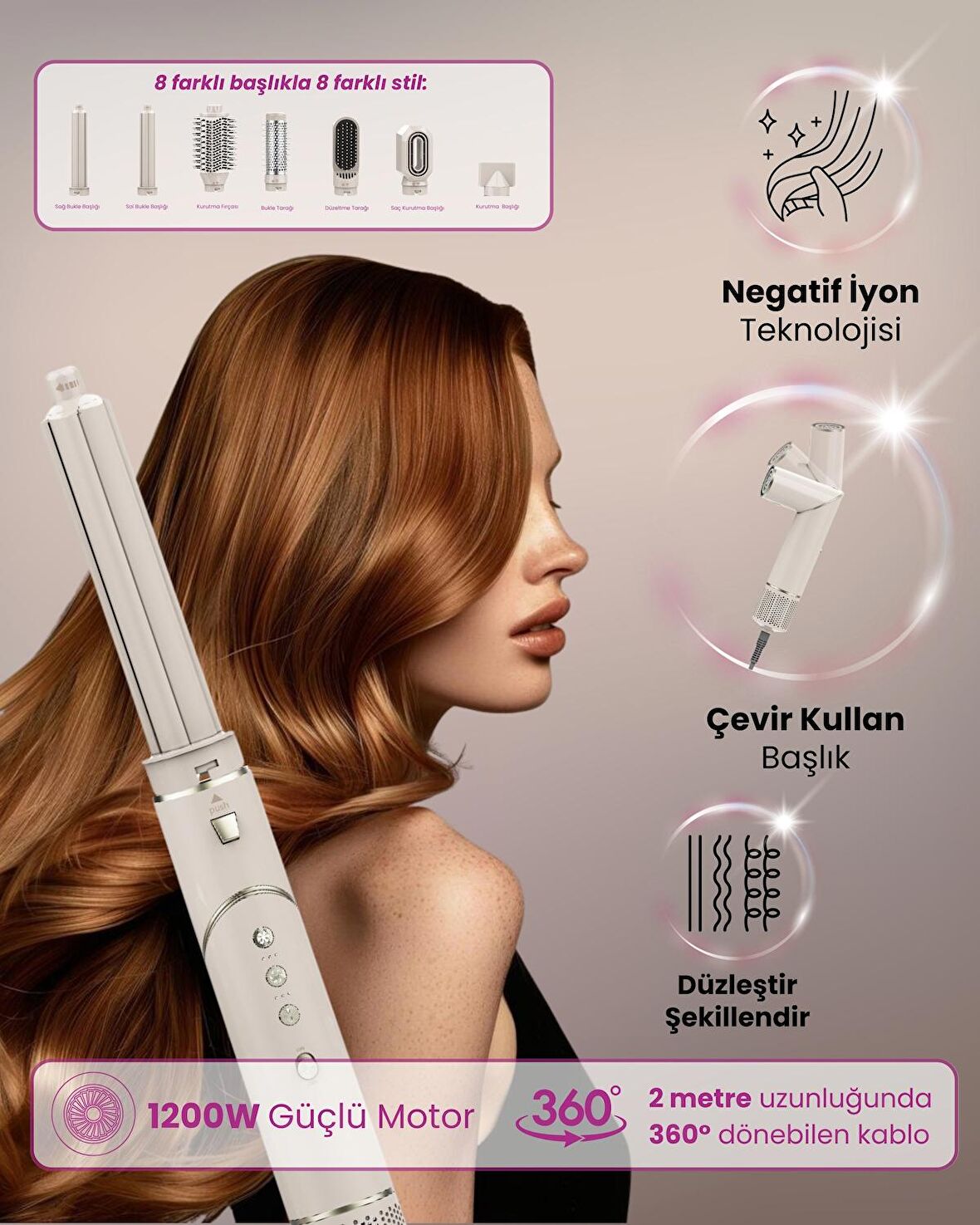 Mieco Aria 8 In 1 Iyon Özellikli Saç Kurutma Ve Şekillendirme Seti - Champagne