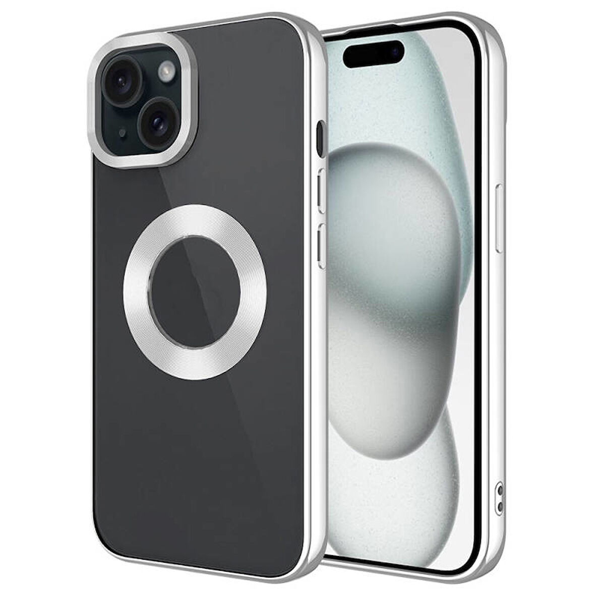 iPhone 15 Plus Kılıf Kenarları Lazer Renkli ve Logo Detaylı Şık Esnek Premium Silikon Kapak RYC/Omega