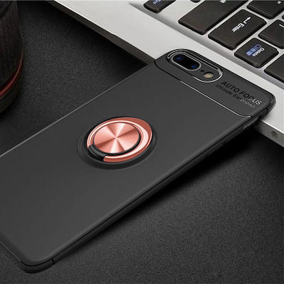 iPhone 8 Plus Kılıf Yüzüğü Stant ve Araç Tutucu Olabilen Şık Esnek Premium Silikon Kapak RYC/Ravel