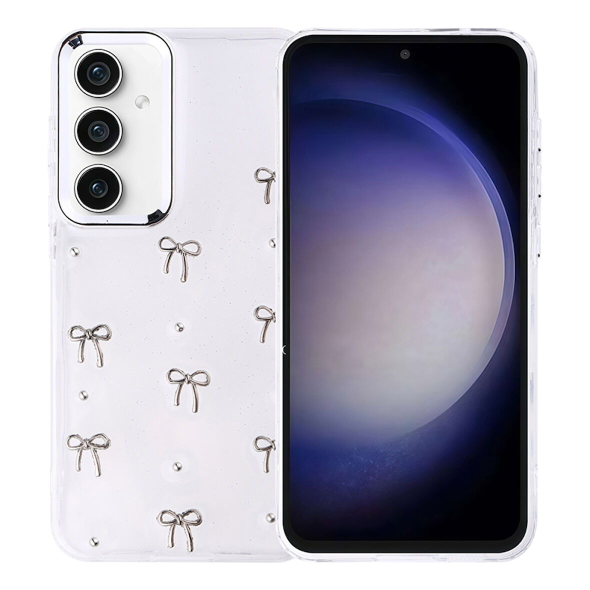 Samsung Galaxy S23 FE Kılıf Simli Kamera Çerçveli ve Mini Fİgür Desenli Ultra Koruma Sağlayan Kutup Sert Silikon Kapak