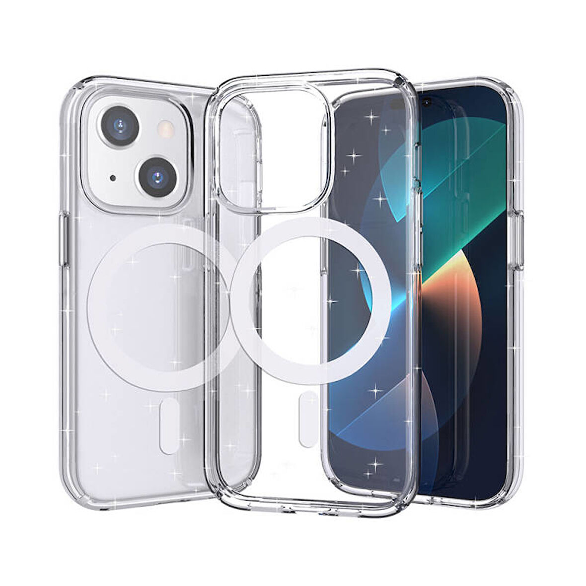 iPhone 14 Kılıf Magsafe Destekli ve Renkli Simli Sert Şeffaf TPU Silikon Kapak Royal Case/Allstar