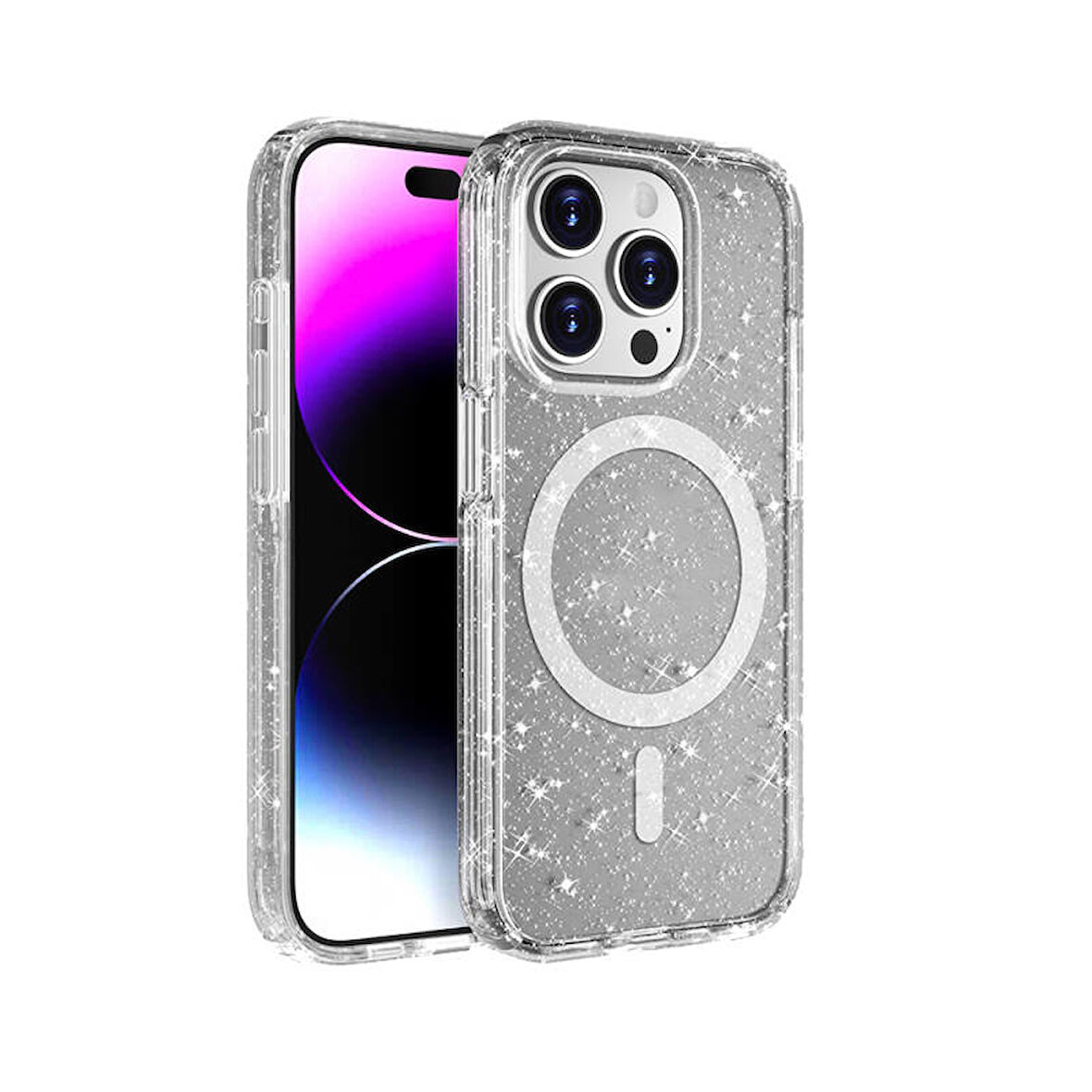 iPhone 15 Pro Kılıf Magsafe Destekli ve Renkli Simli Sert Şeffaf TPU Silikon Kapak Royal Case/Allstar