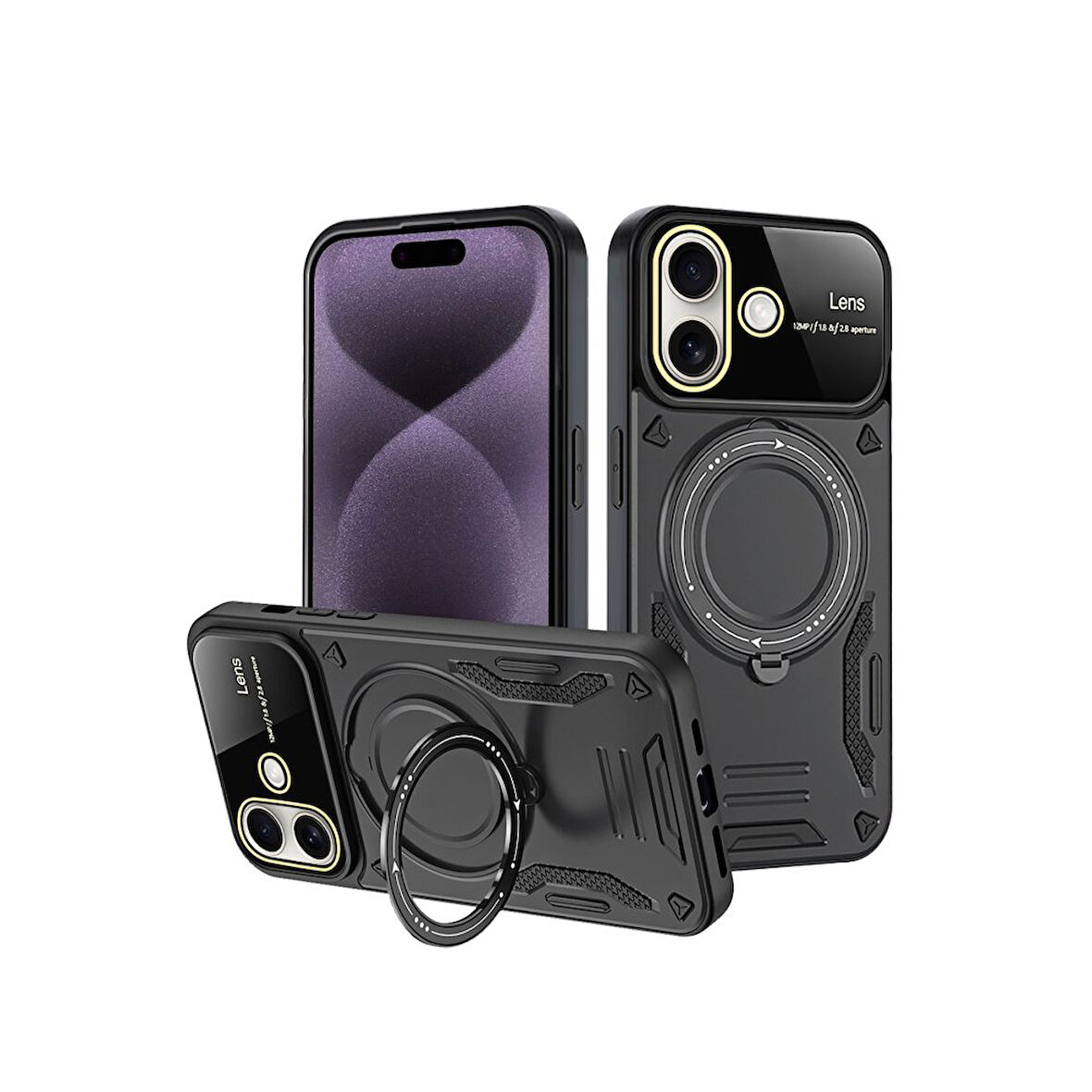 iPhone 16 Kılıf Manyetik Standlı Joy Lens Premium Tank Silikon Kapak - Siyah