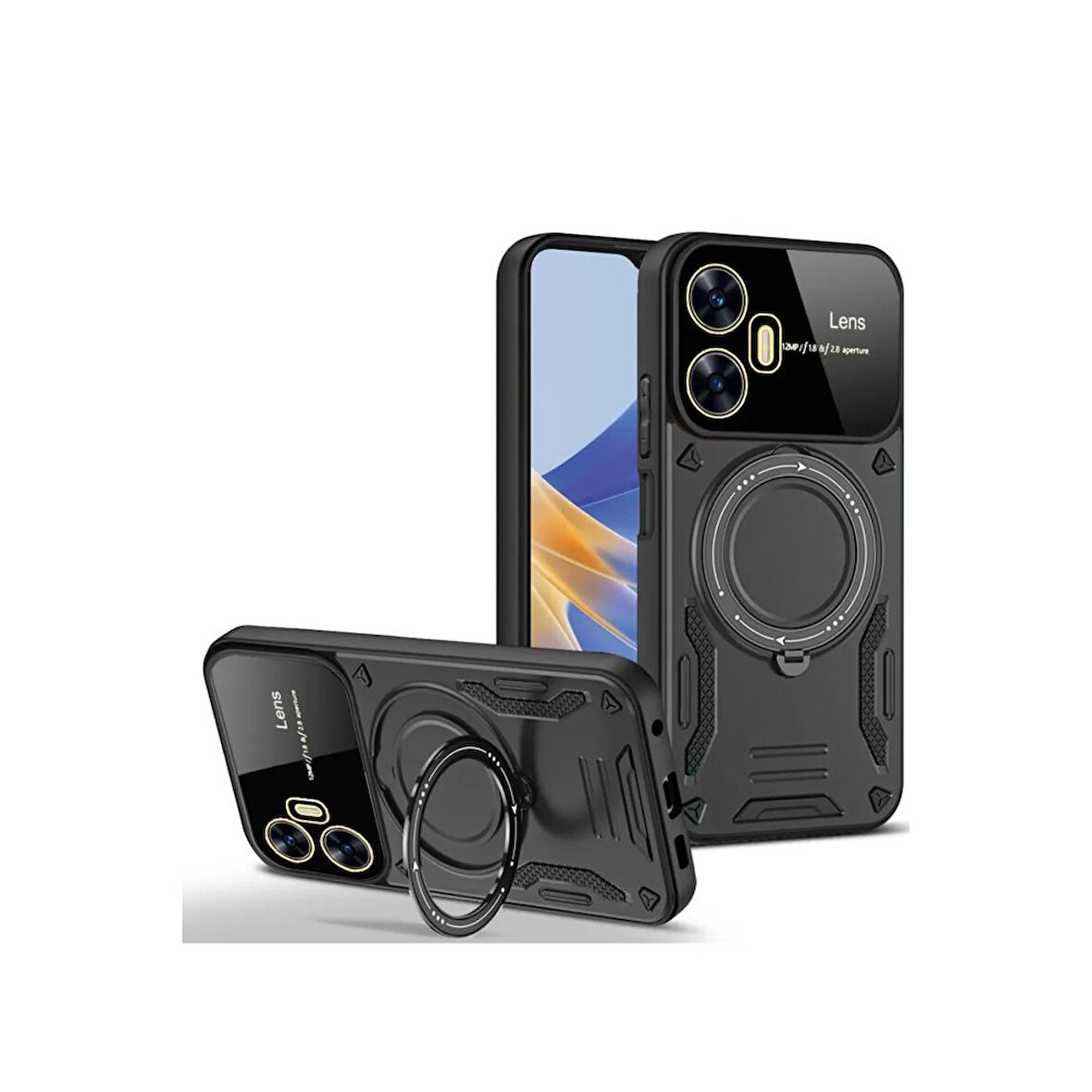 Realme C55 Kılıf Manyetik Standlı Joy Lens Premium Tank Silikon Kapak - Siyah