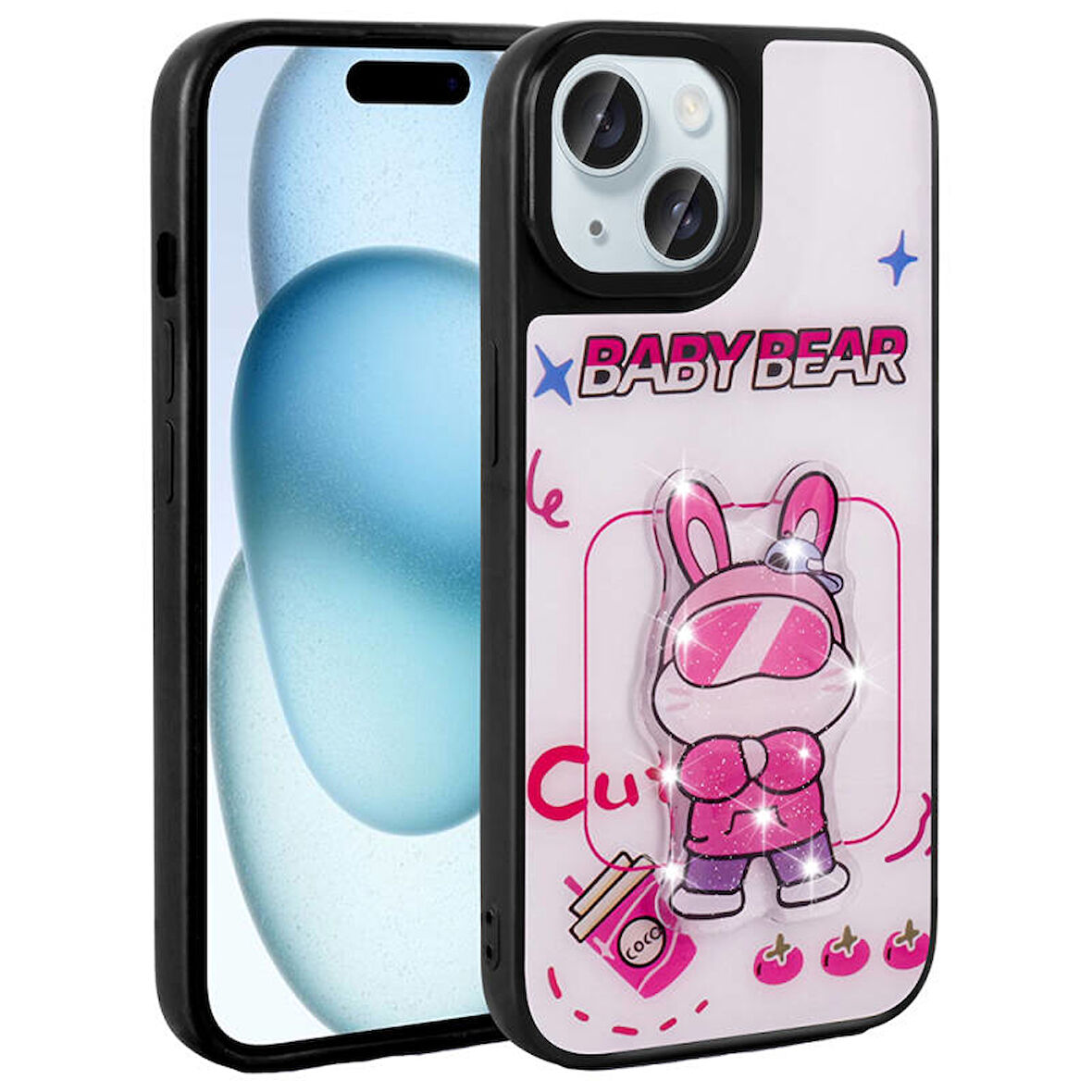 iPhone 13 Kılıf Şirin Hayvan Figürlü ve Simli Sert Silikon Kapak Royal Case/Amas