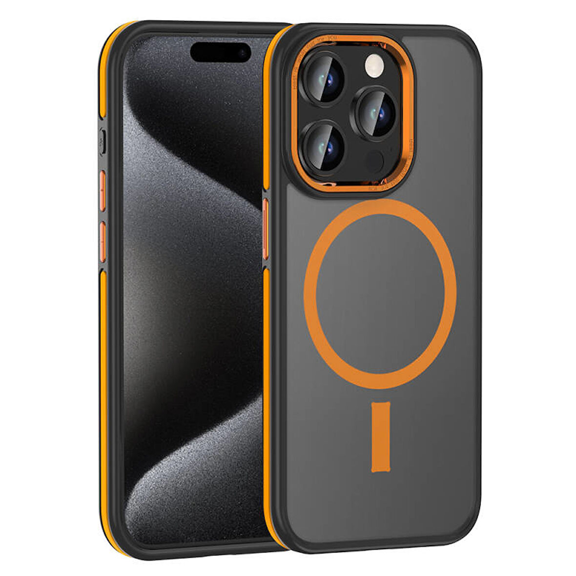 iPhone 15 Pro Max Kılıf Turuncu Şeritli Magsafe Özellikli Şık Azure Premium Kapak