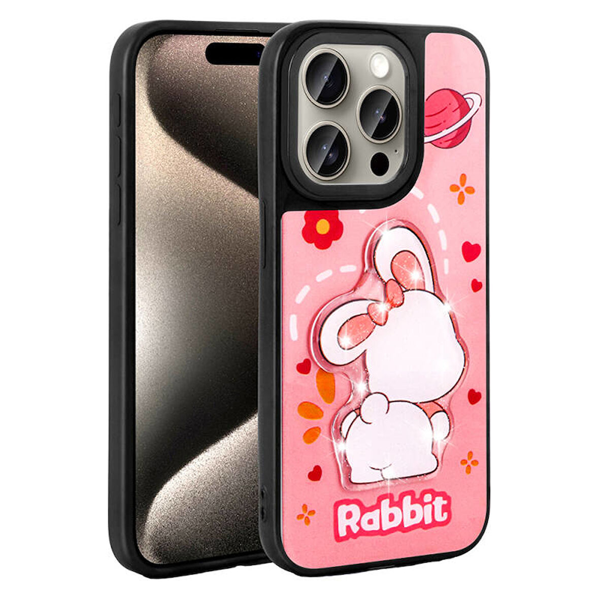 iPhone 15 Pro Max Kılıf Şirin Hayvan Figürlü ve Simli Sert Silikon Kapak Royal Case/Amas