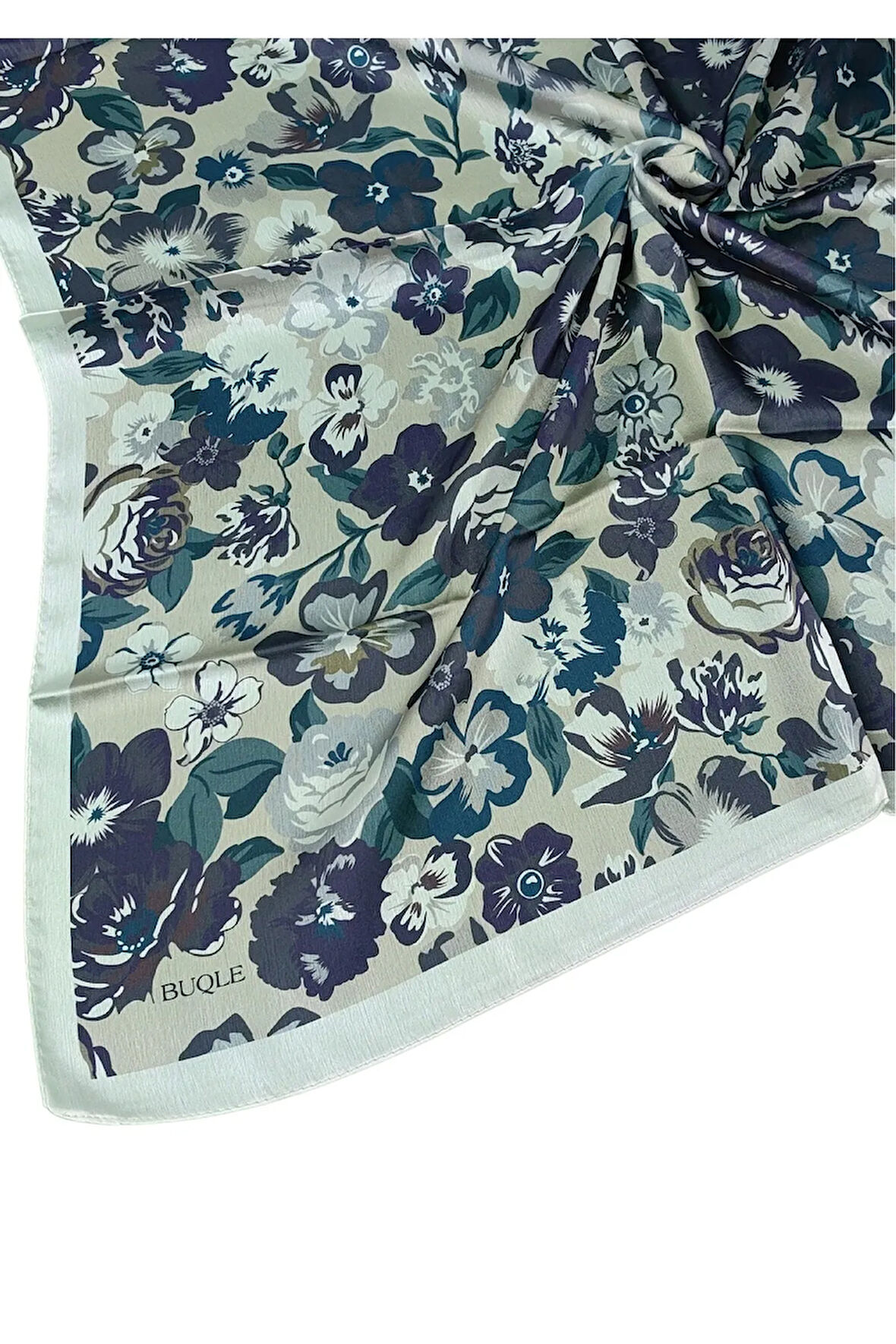 Buqle Jan Jan Çiçek Desenli Saten Eşarp - 100x100 cm