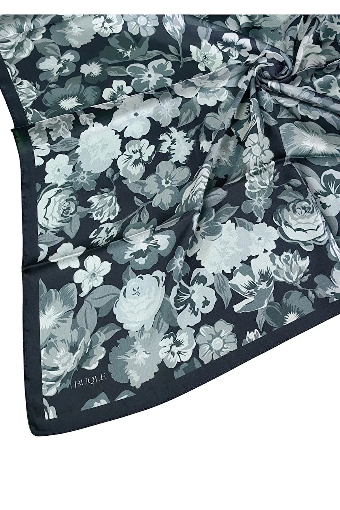 Buqle Jan Jan Çiçek Desenli Saten Eşarp - 100x100 cm