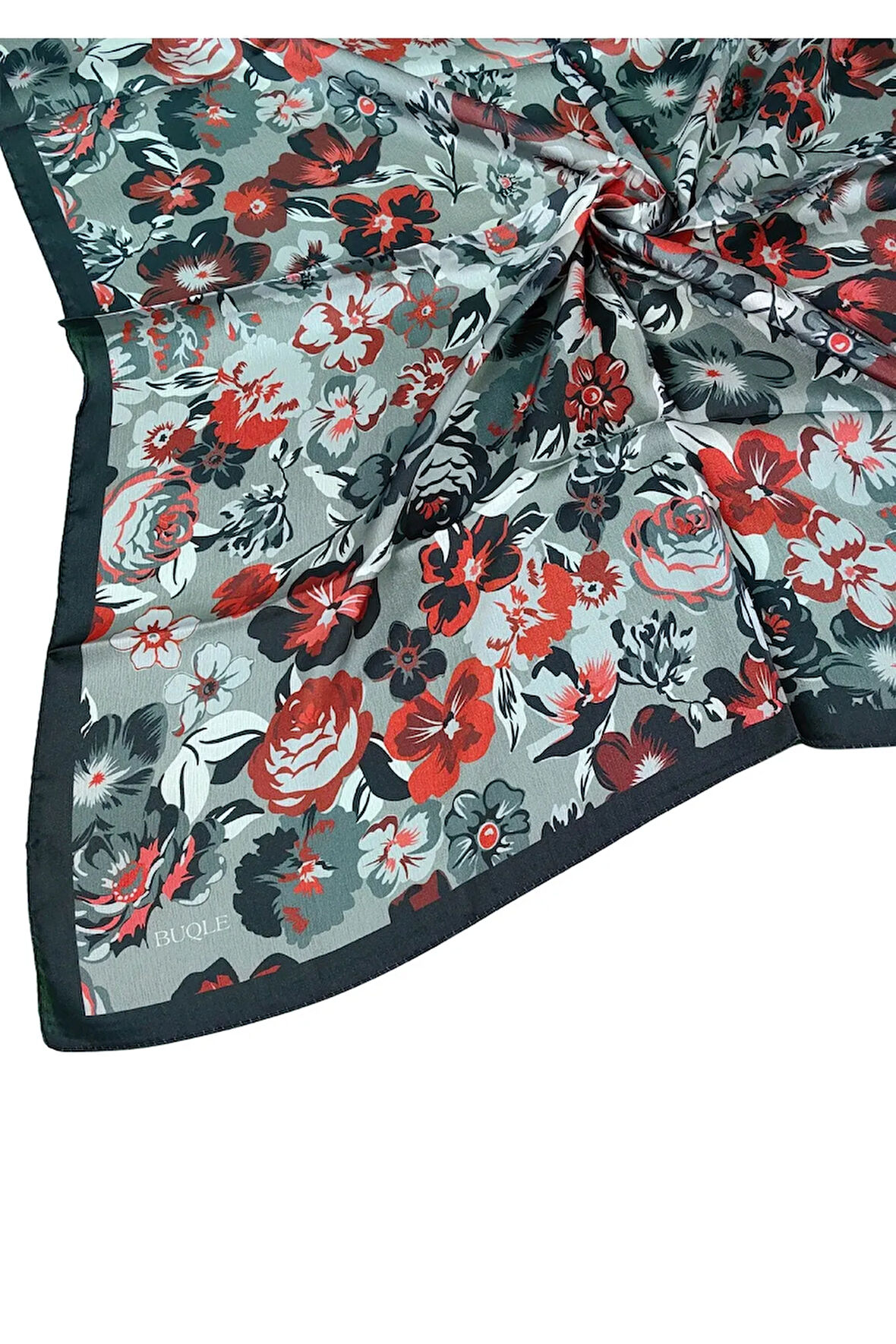 Buqle Jan Jan Çiçek Desenli Saten Eşarp - 100x100 cm
