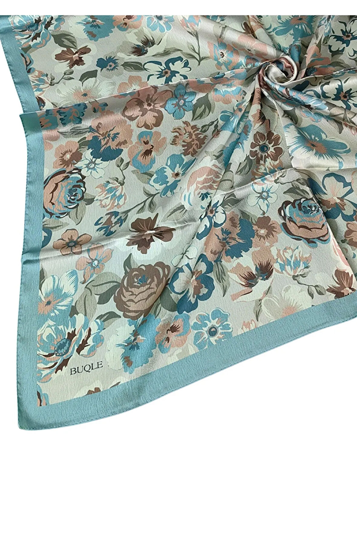 Buqle Jan Jan Çiçek Desenli Saten Eşarp - 100x100 cm