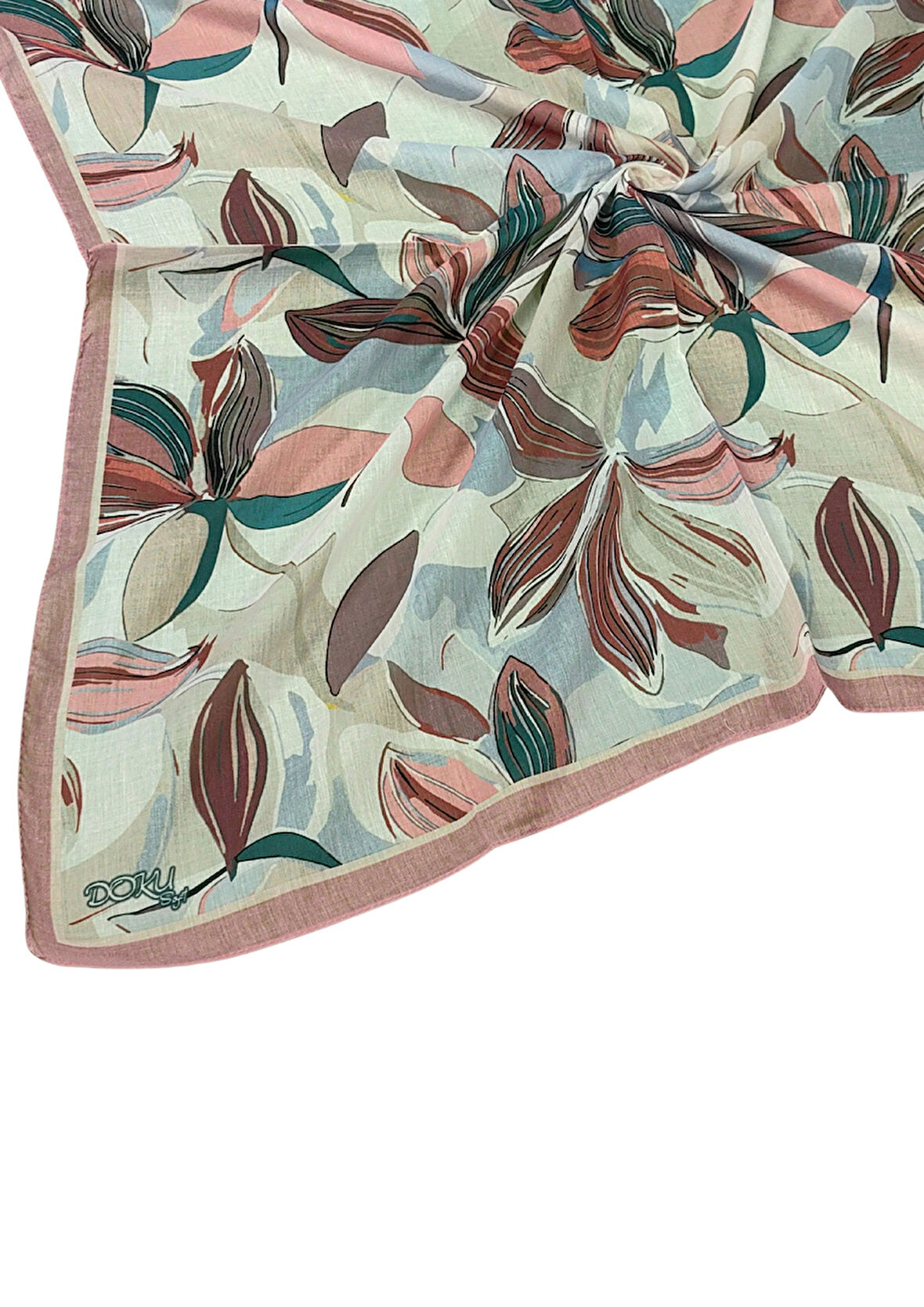 Ebruli Soft Pamuklu Çiçek Desenli Eşarp - 95x95 cm