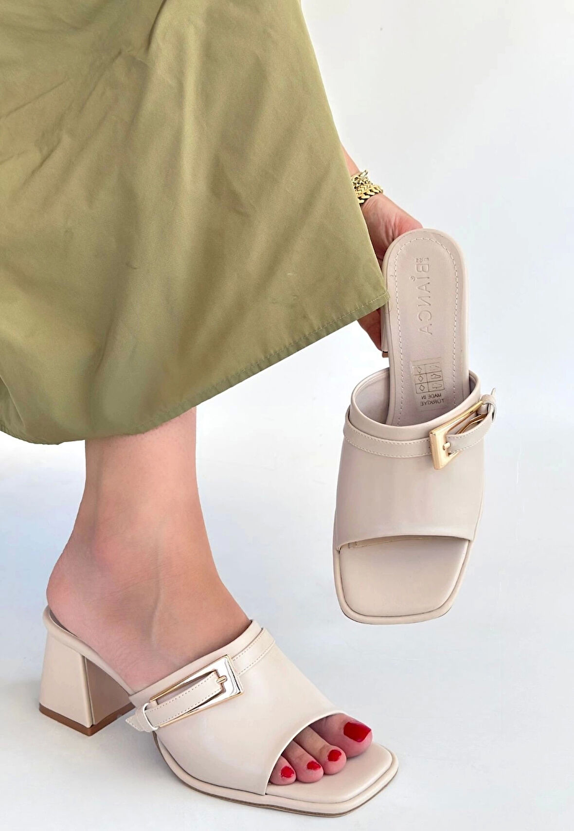 BİÇOMİ Ziva Bej Cilt Topuklu Terlik