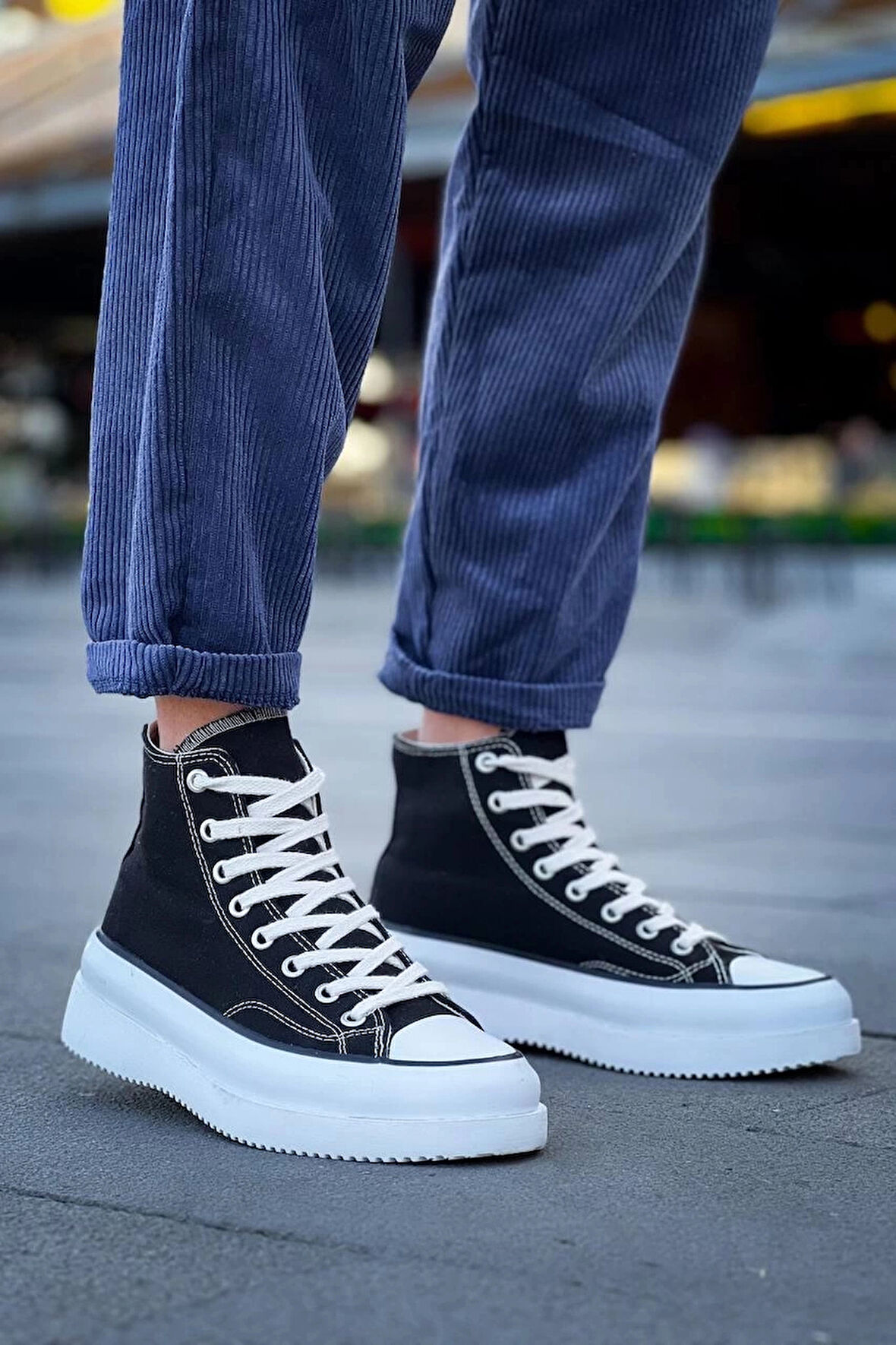 BİÇOMİ KB-CX-3 Kuback Uzun Siyah Keten Beyaz Yüksek Taban Spor Ayakkabı