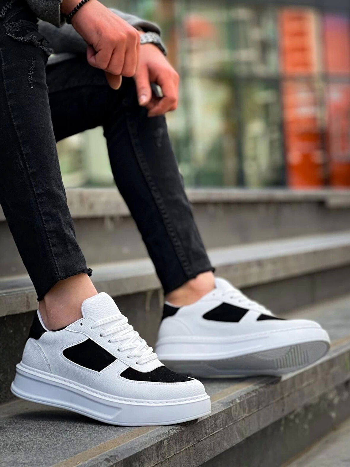 BİÇOMİ KB-X8 Kuback Beyaz Siyah Cilt Yüksek Taban Günlük Spor Ayakkabı