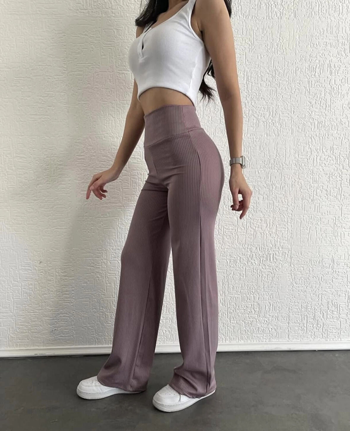 BİÇOMİ fitilli palazzo pantolon sütlükahve