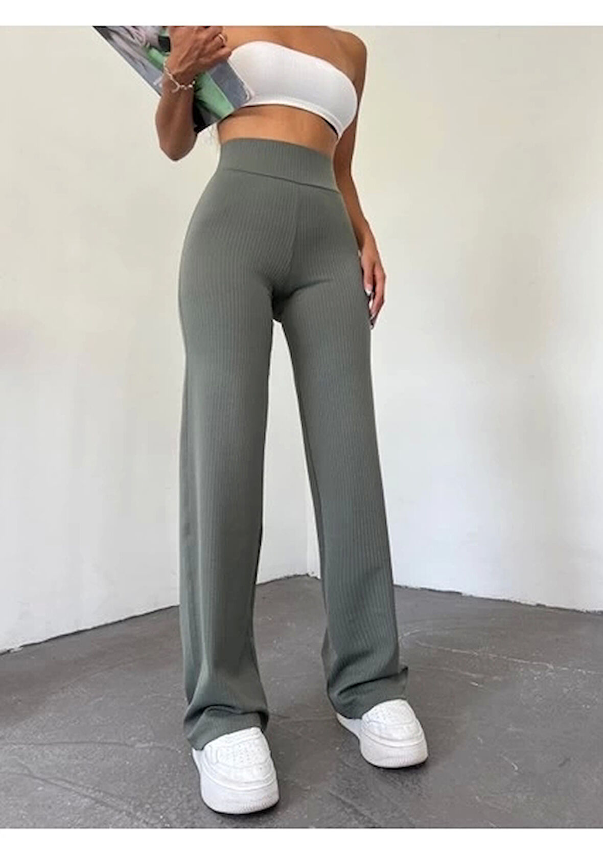 BİÇOMİ fitilli palazzo pantolon gri