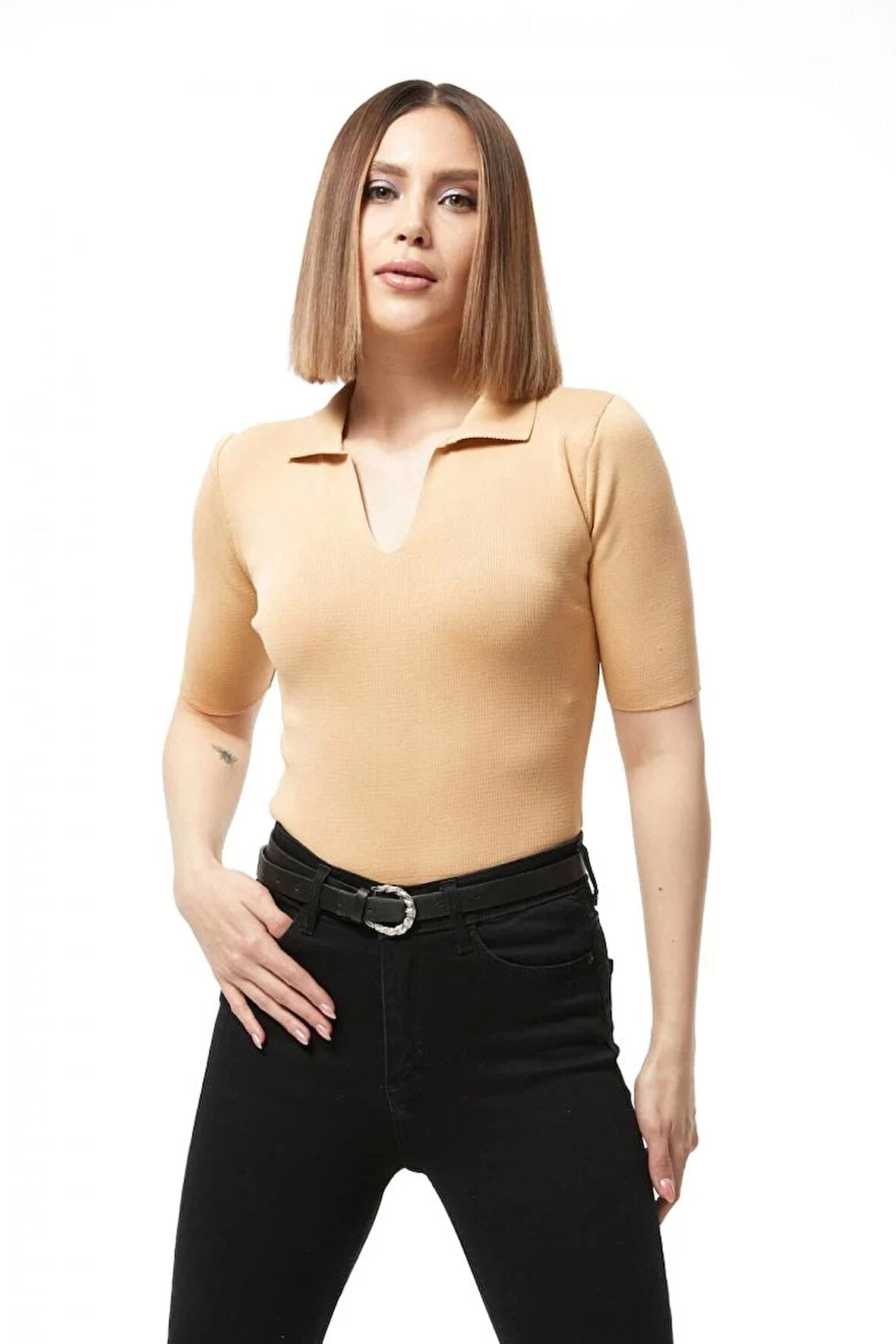 BİÇOMİ Gömlek yaka yazlık triko bluz