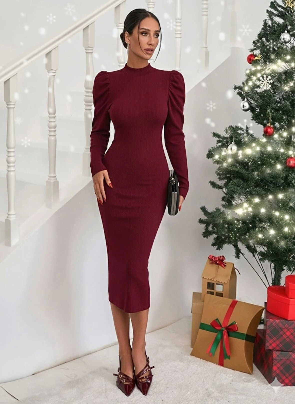 BİÇOMİ Prenses kol kaşkorse elbise bordo a3691