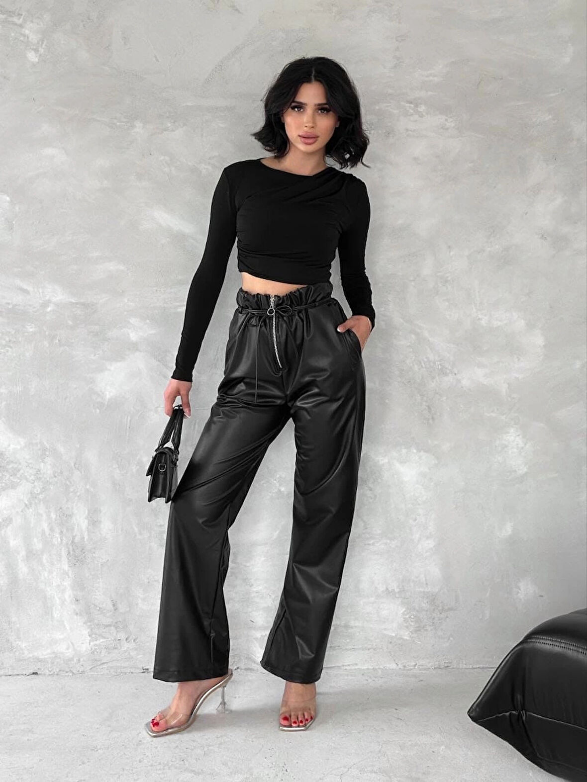 BİÇOMİ Kendinden ince kemerli deri pantolon siyah t1178