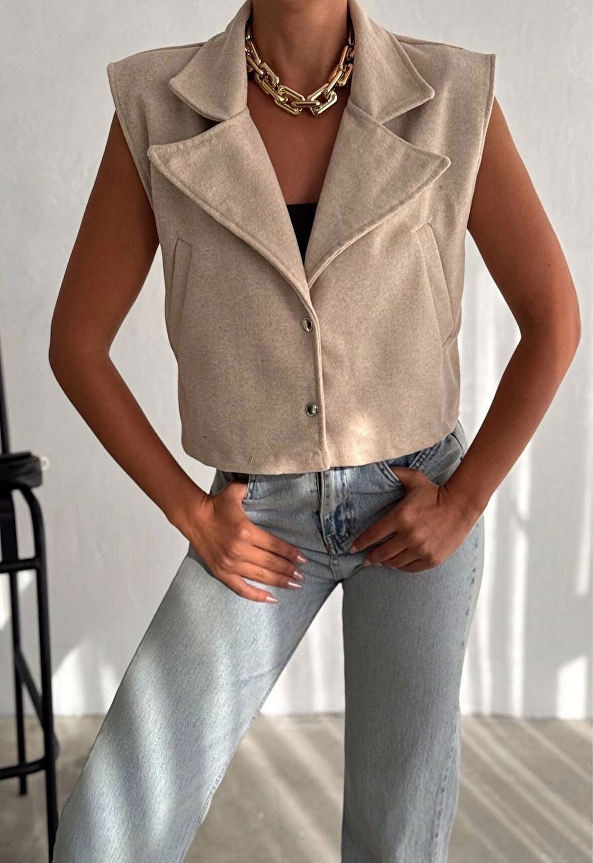 BİÇOMİ Önü çıtçıtlı cepli kaşe yelek bej f2253