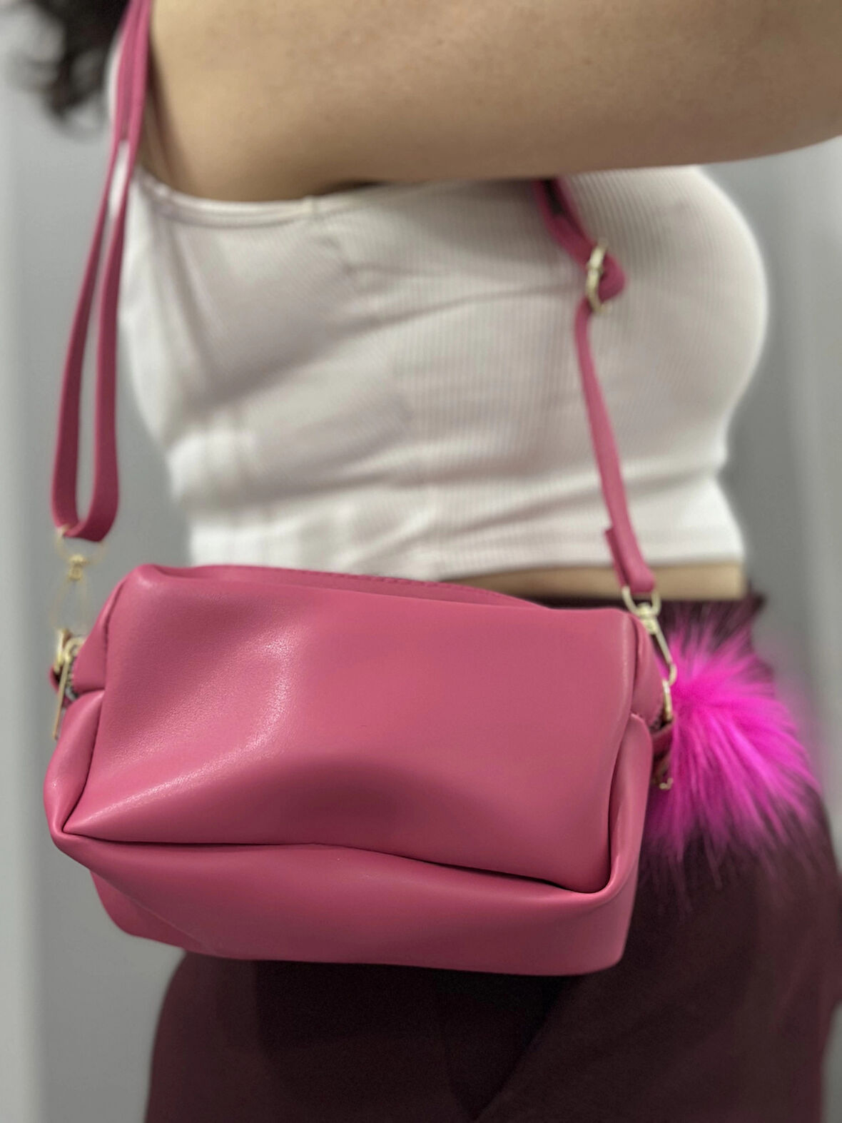 BİÇOMİ Ponpon fuşya cilt çanta