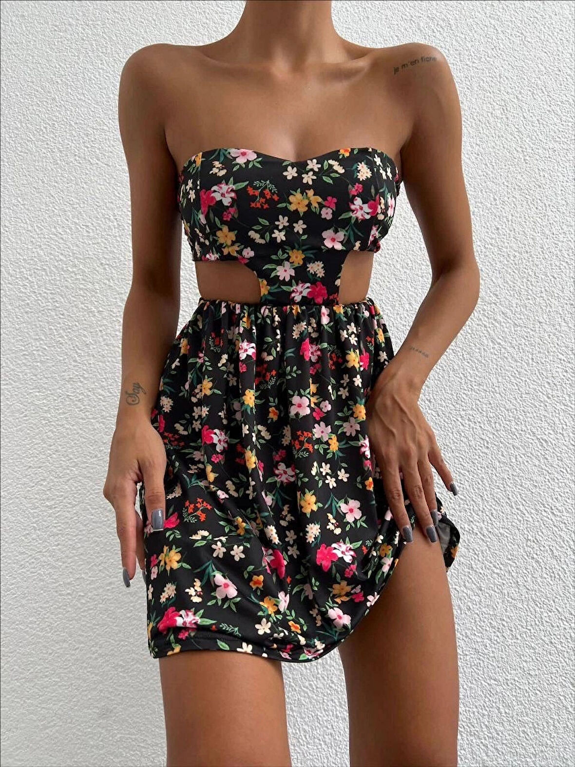 BİÇOMİ Straplez elbise baskılı