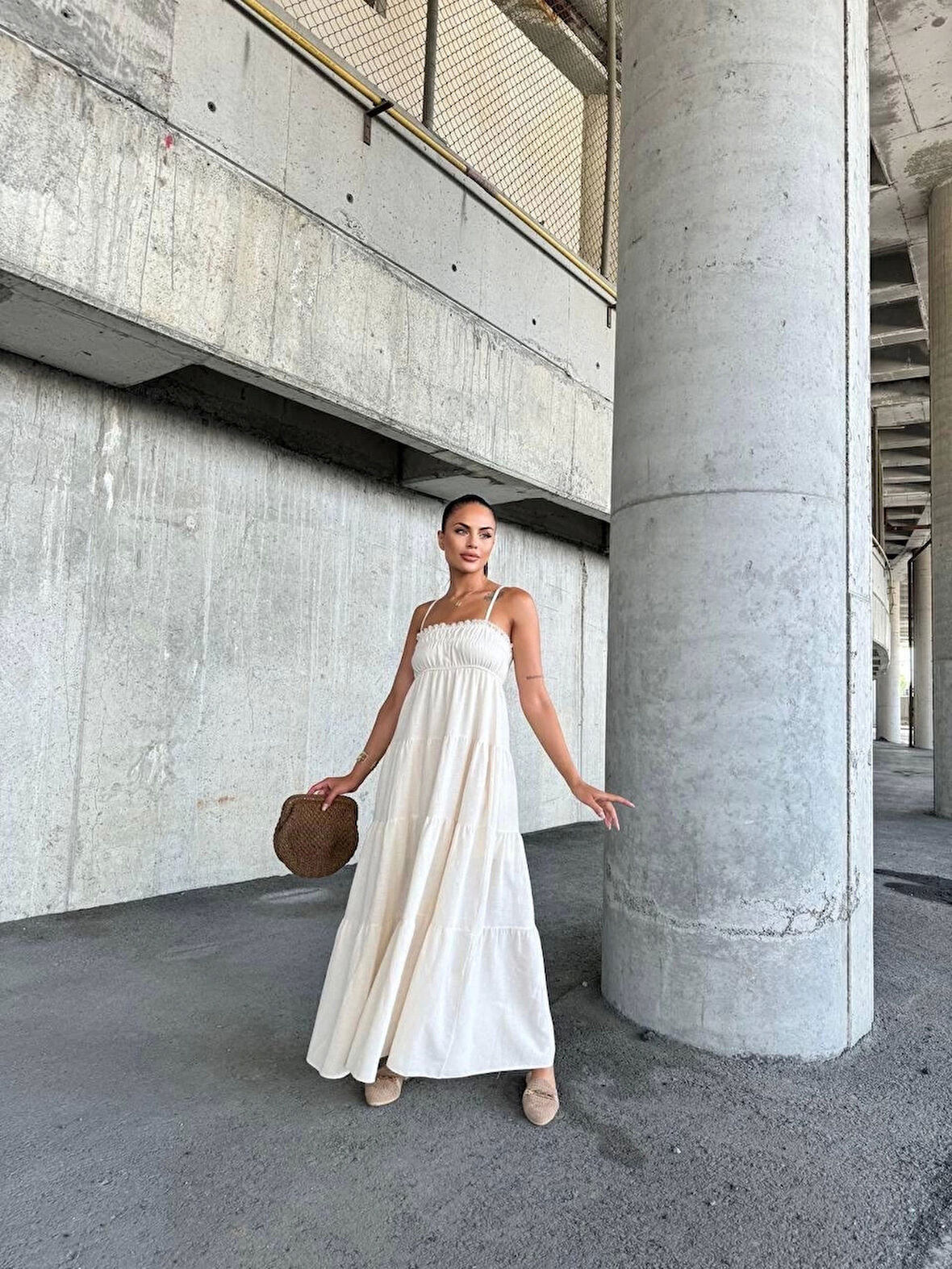 BİÇOMİ Dantelli askılı keten elbise s4310