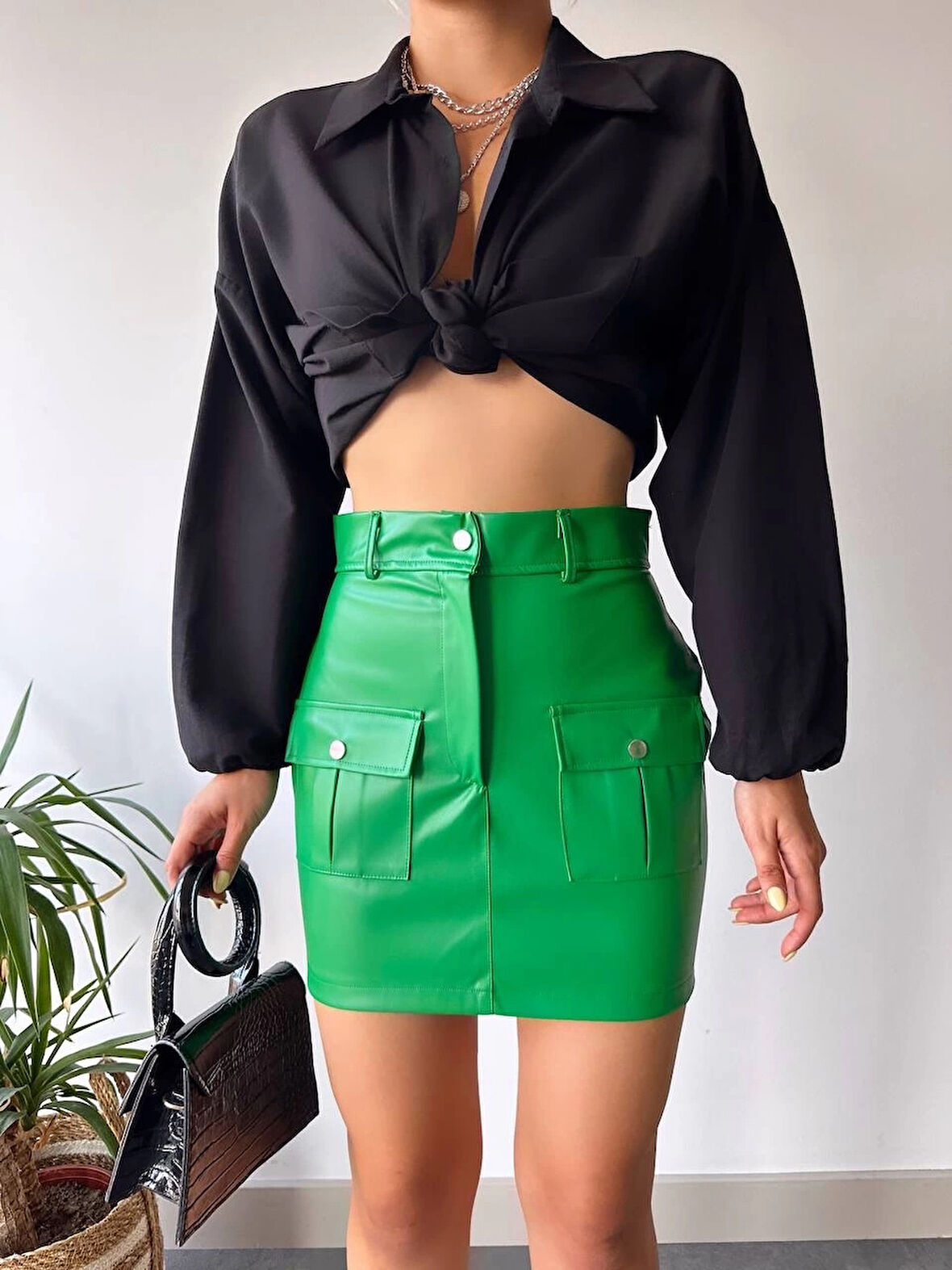 BİÇOMİ Önden iki cepli deri etek yeşil h240040