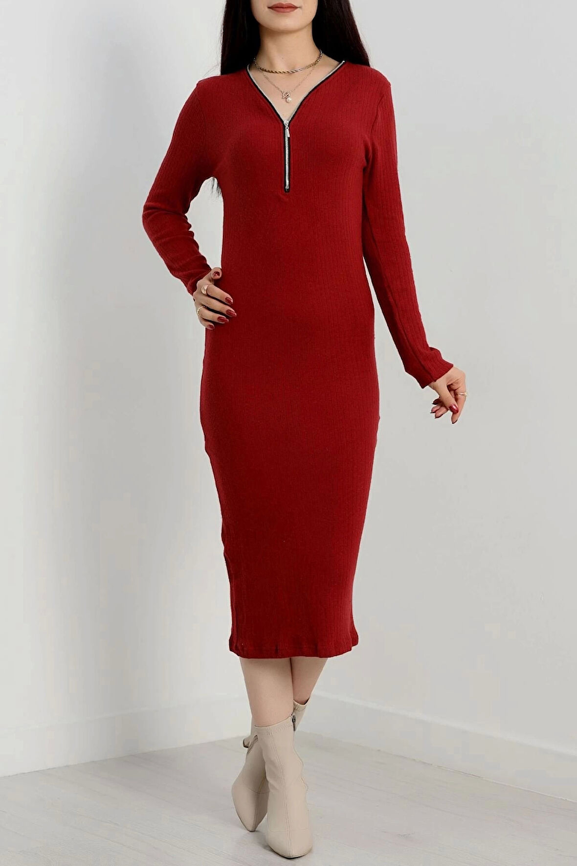 BİÇOMİ Fermuar detaylı fitilli şardonlu elbise bordo a3178