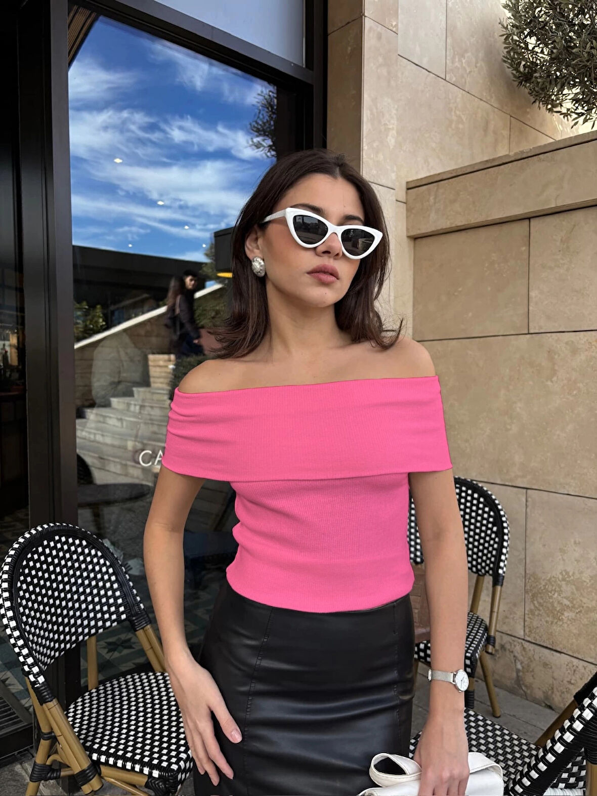 BİÇOMİ Madonna yaka sıfır kol bluz pembe